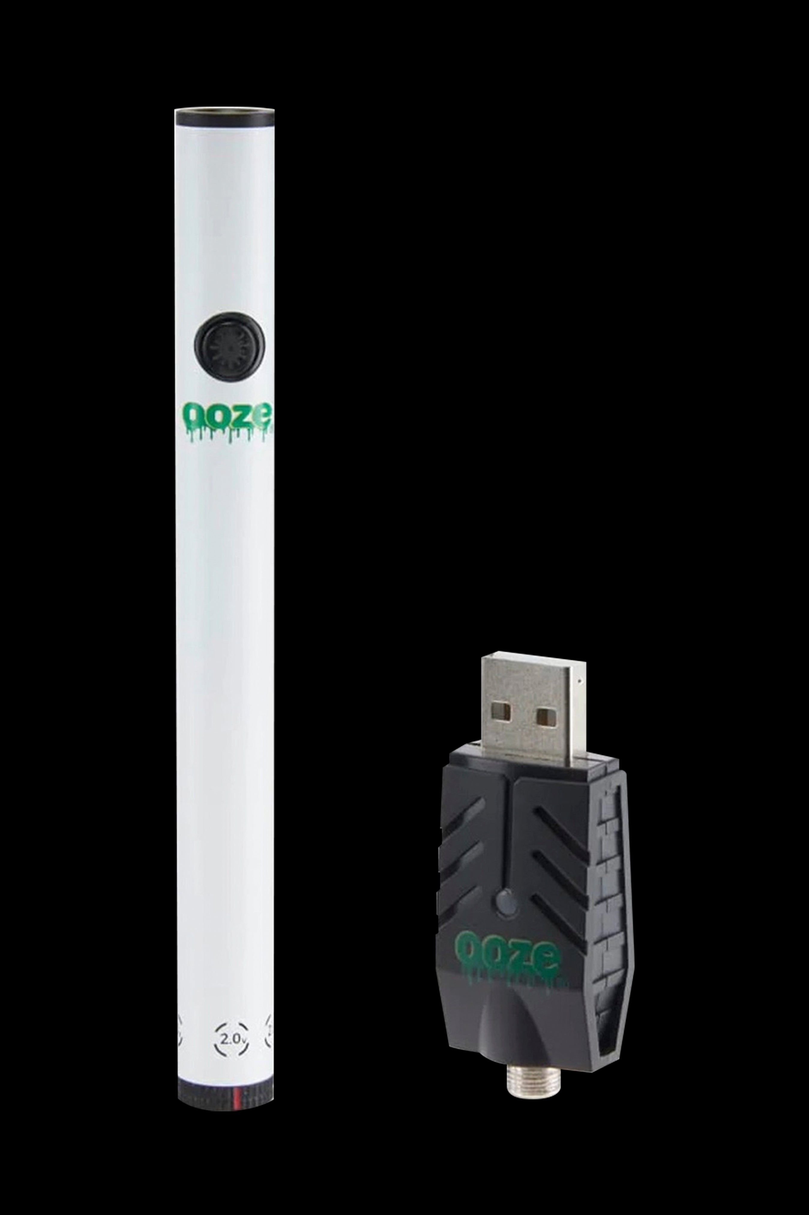 Silver and black Ooze vape pen battery with a USB charger.