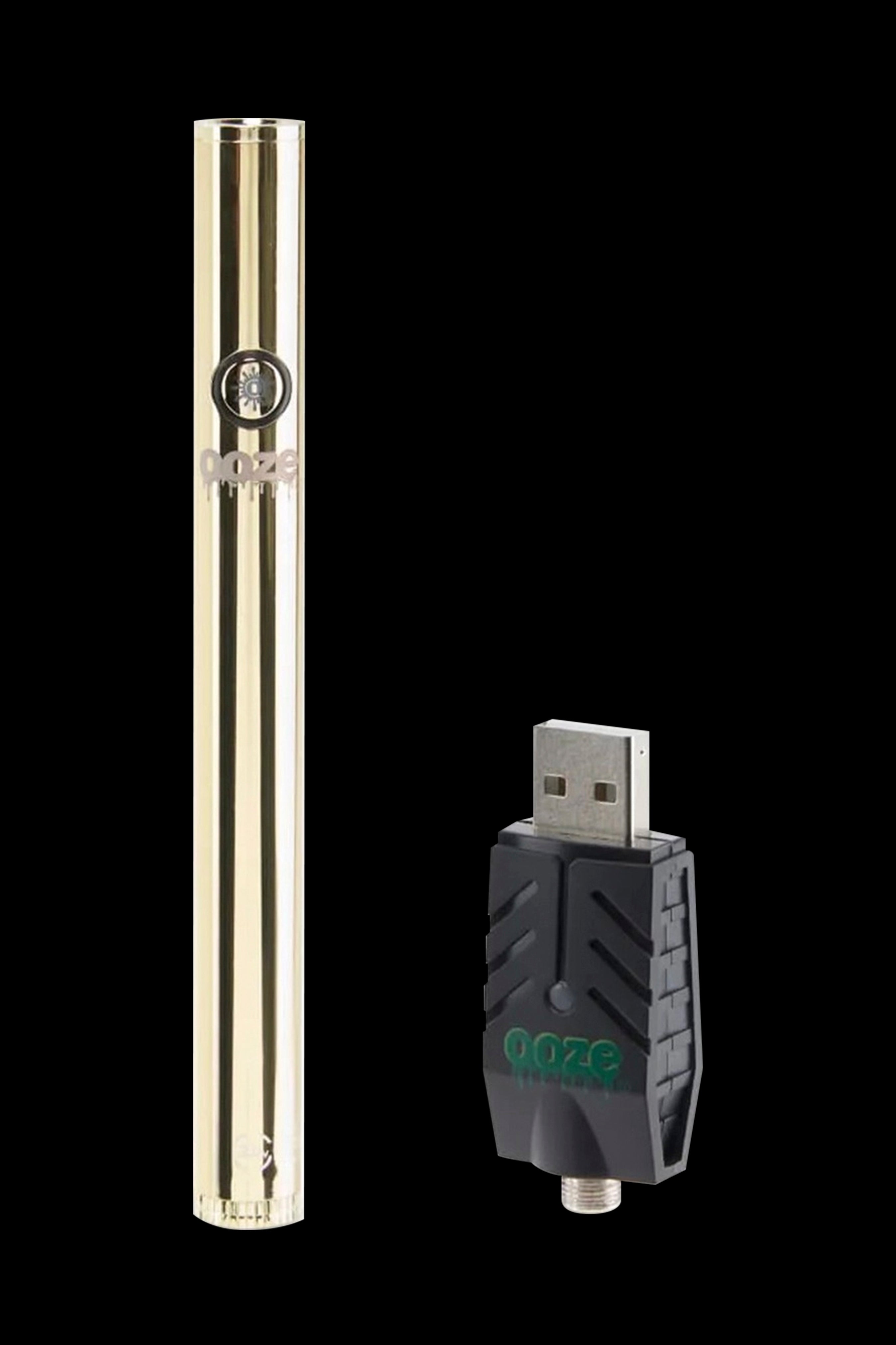 Gold and black cannabis vape pen with USB charger.