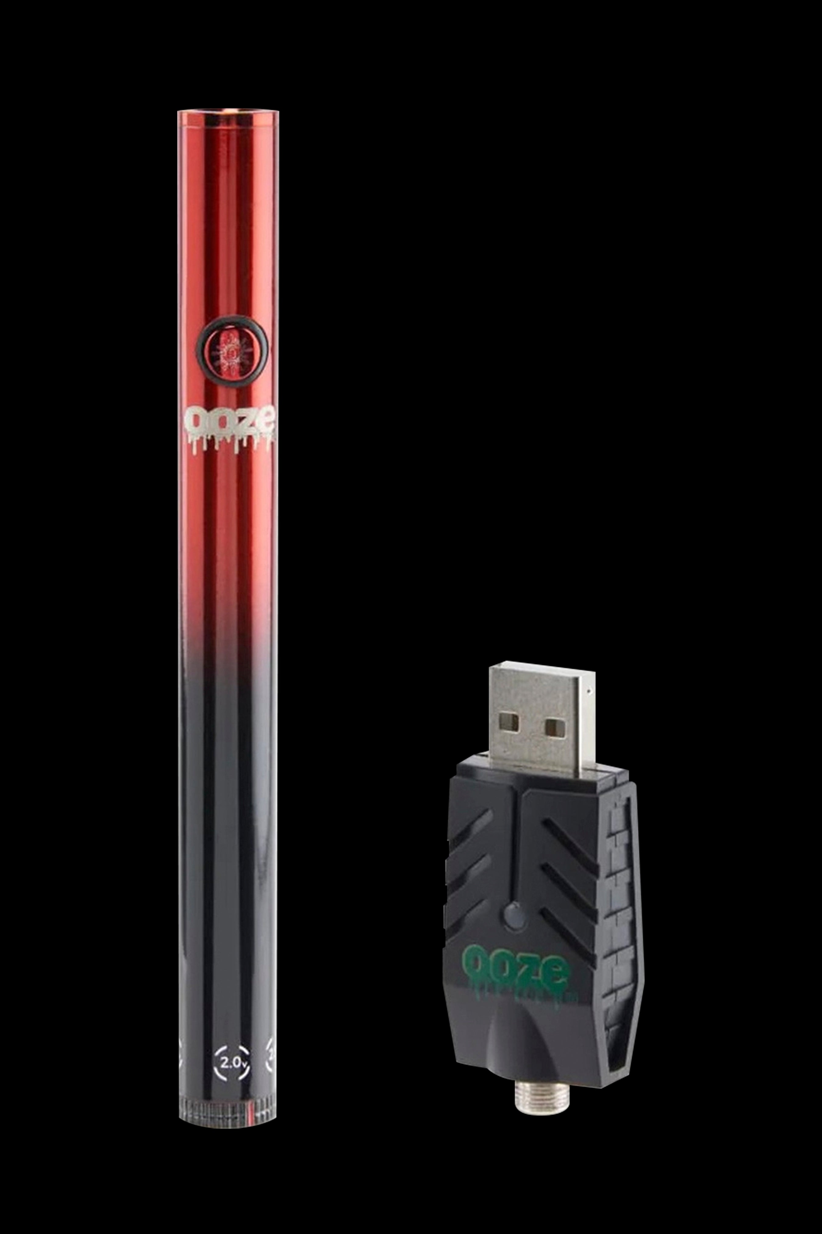 Red and black Ooze vape pen and USB charger.