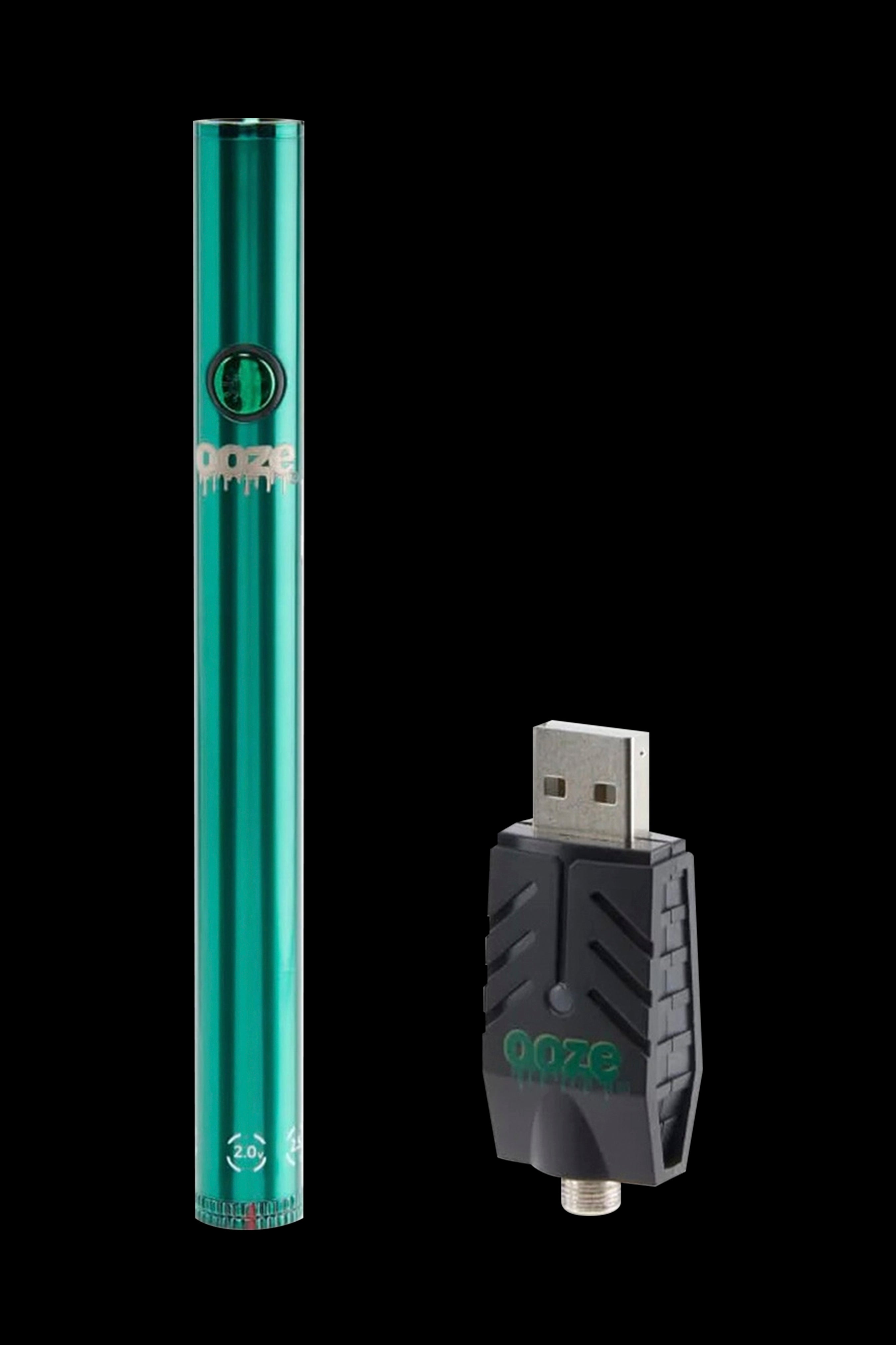 Green cannabis vape pen and USB charger.