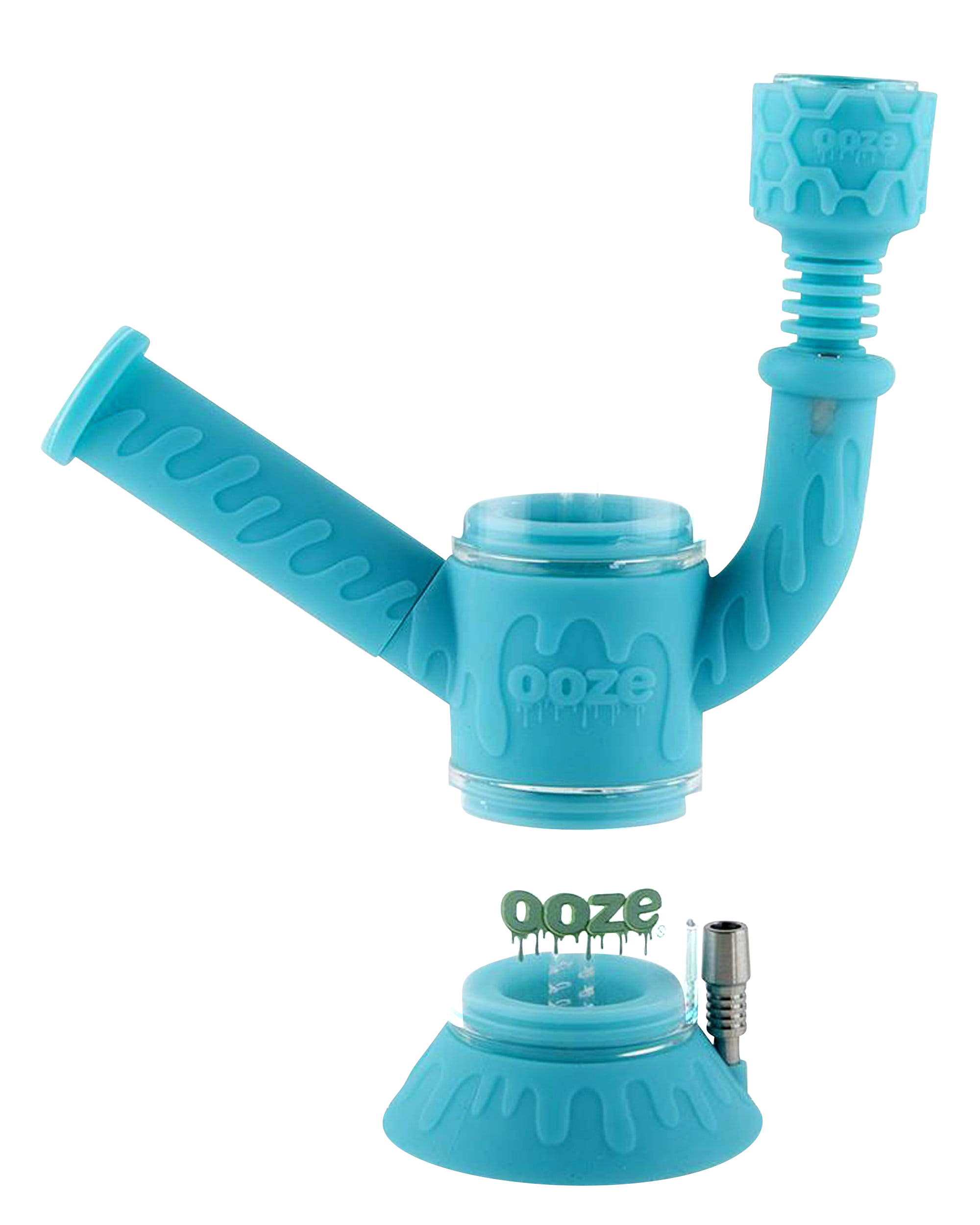 Front view of the Ooze "Cranium" Silicone 4-in-1 Glass Water Pipe, showcasing its colorful, sculpted design.