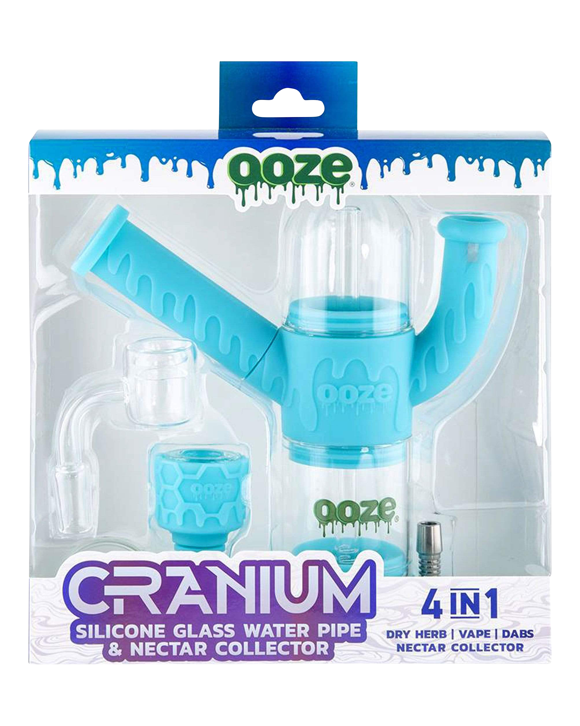 A studio shot of the Ooze “Cranium” Silicone 4-in-1 Glass Water Pipe, angled to display its clear glass construction and colorful accents.