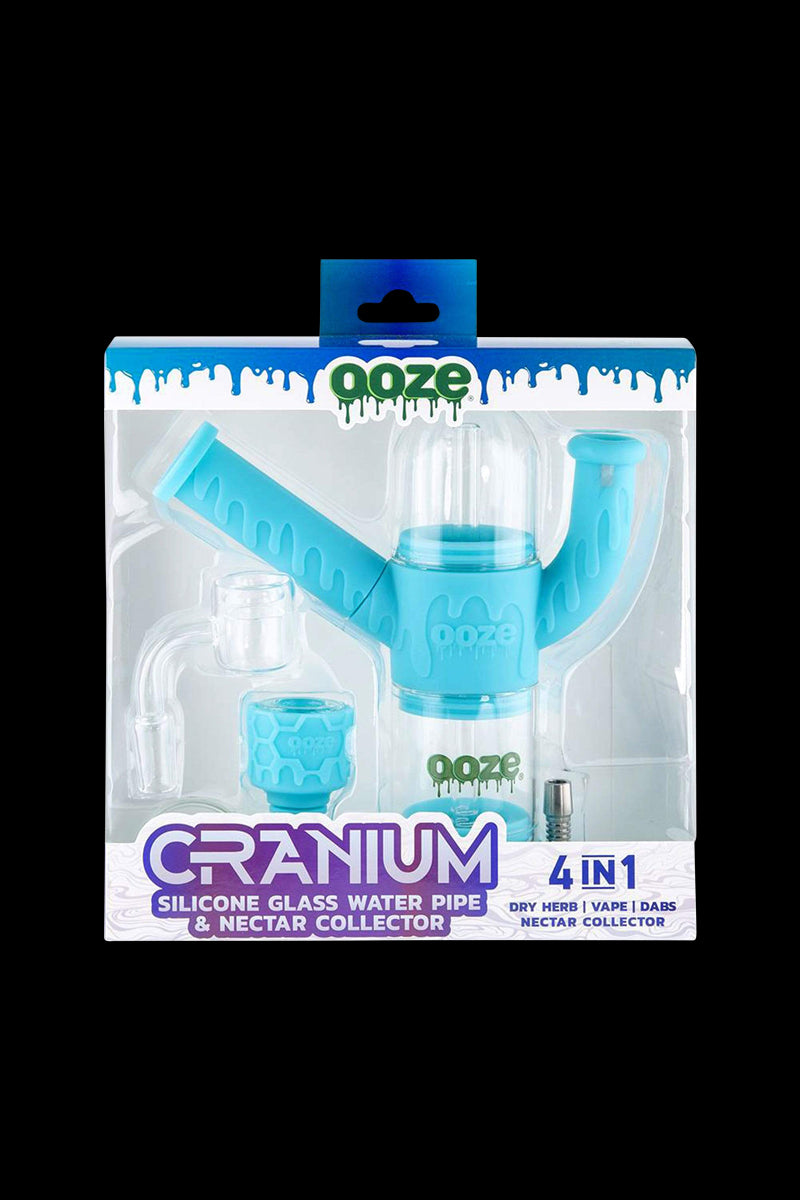 Front view of the Ooze "Cranium" Silicone 4-in-1 Glass Water Pipe, showing a clear glass tube with branding against a white background.