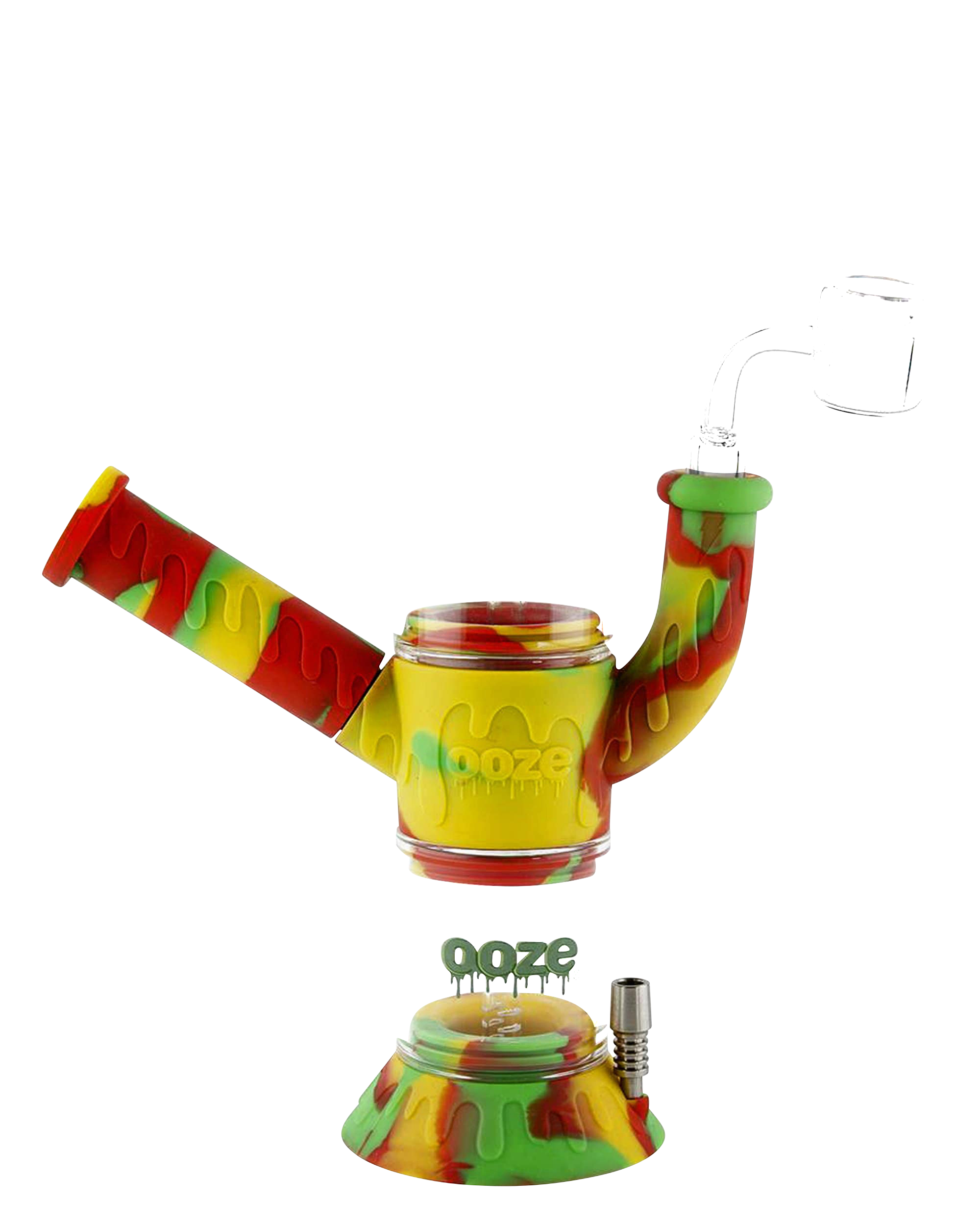 Front view of the Ooze "Cranium" Silicone 4-in-1 Glass Water Pipe, showcasing a colorful, patterned silicone grip on a clear glass body.