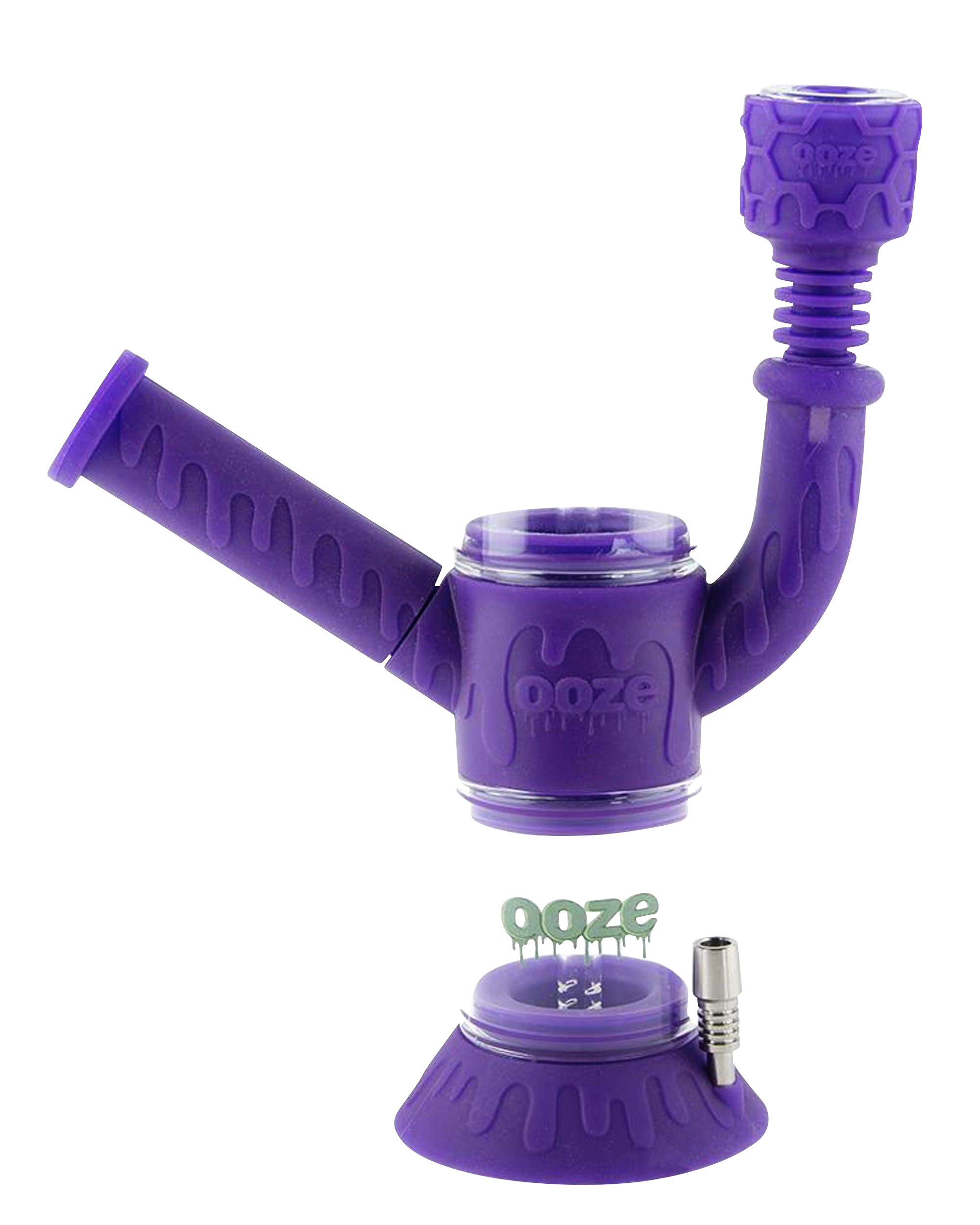 Front view of the Ooze “Cranium” Silicone 4-in-1 Glass Water Pipe, showing the purple silicone wrapped around clear glass.