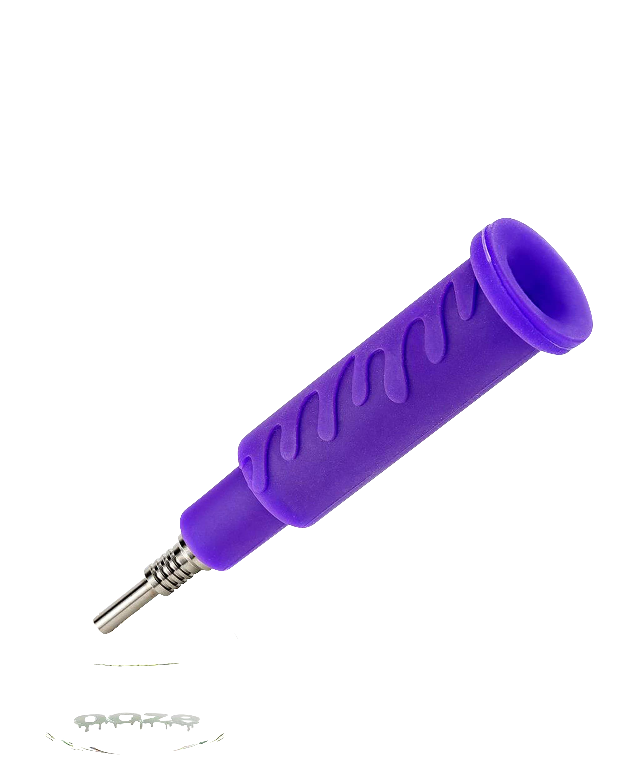 Close-up view of the Ooze “Cranium” Silicone 4-in-1 Glass Water Pipe, showcasing its purple silicone grip and glass joint.