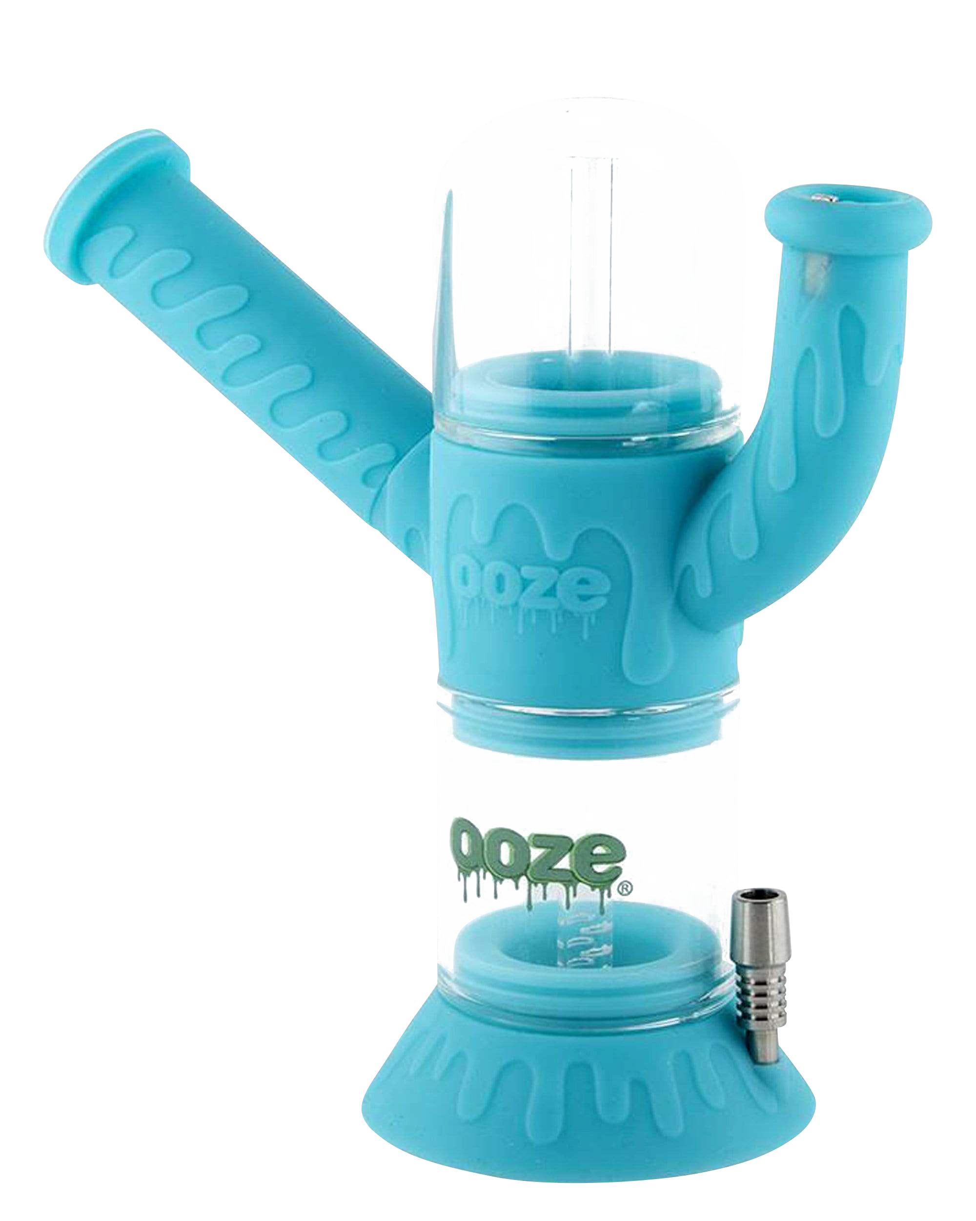 Front view of the Ooze "Cranium" Silicone 4-in-1 Glass Water Pipe, displaying a blue glass bowl and silicone accents.