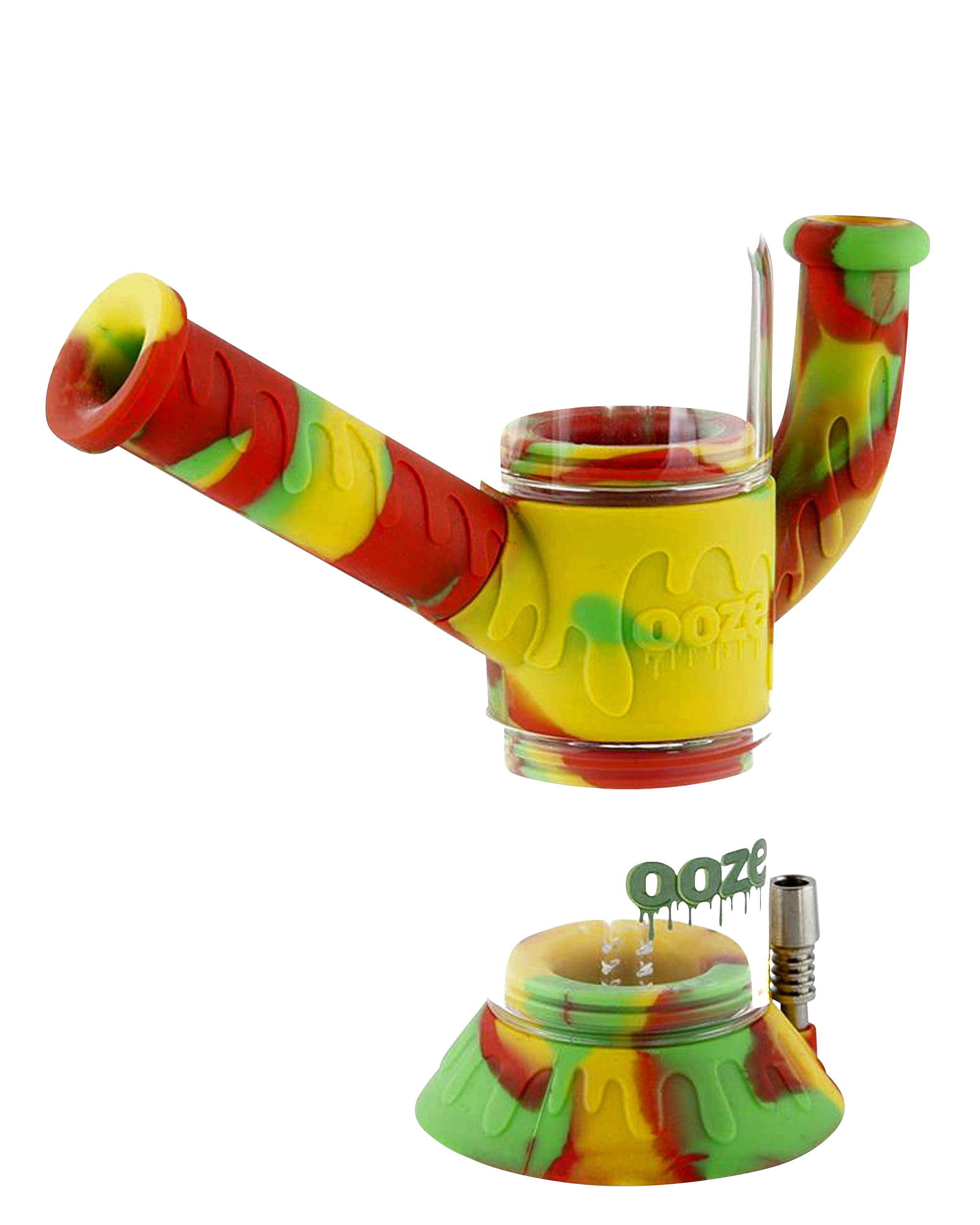 Front view of the Ooze "Cranium" Silicone 4-in-1 Glass Water Pipe, showcasing its colorful, patterned design and glass joint.