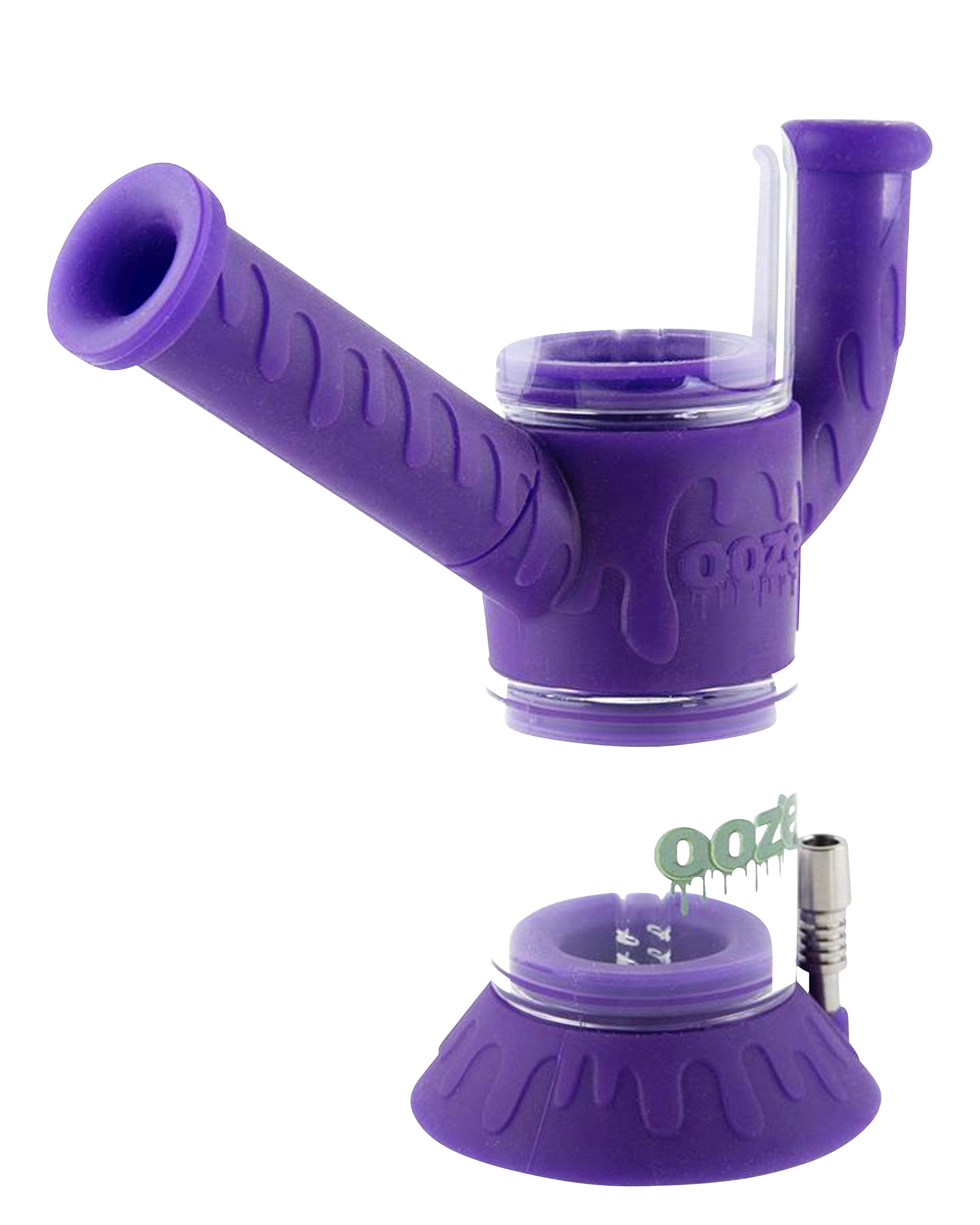 A front view of the Ooze "Cranium" Silicone 4-in-1 Glass Water Pipe with a purple grip and clear glass bowl.