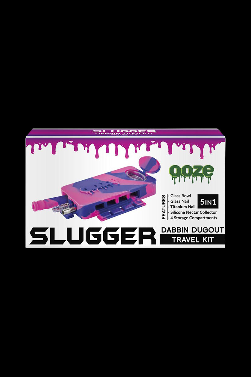 Front view of the Ooze Slugger Dabbin Dugout, showing a black case with visible compartments and branding on a neutral background.