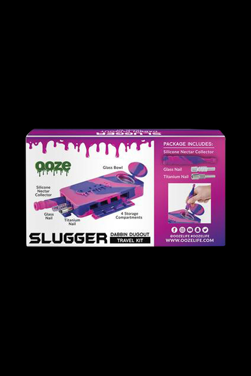 Front view of the Ooze Slugger Dabbin Dugout, showing its packaging and included items with text details.