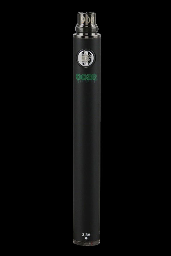 Black cannabis vape pen with "OOZE" branding and 3.3V indicator.