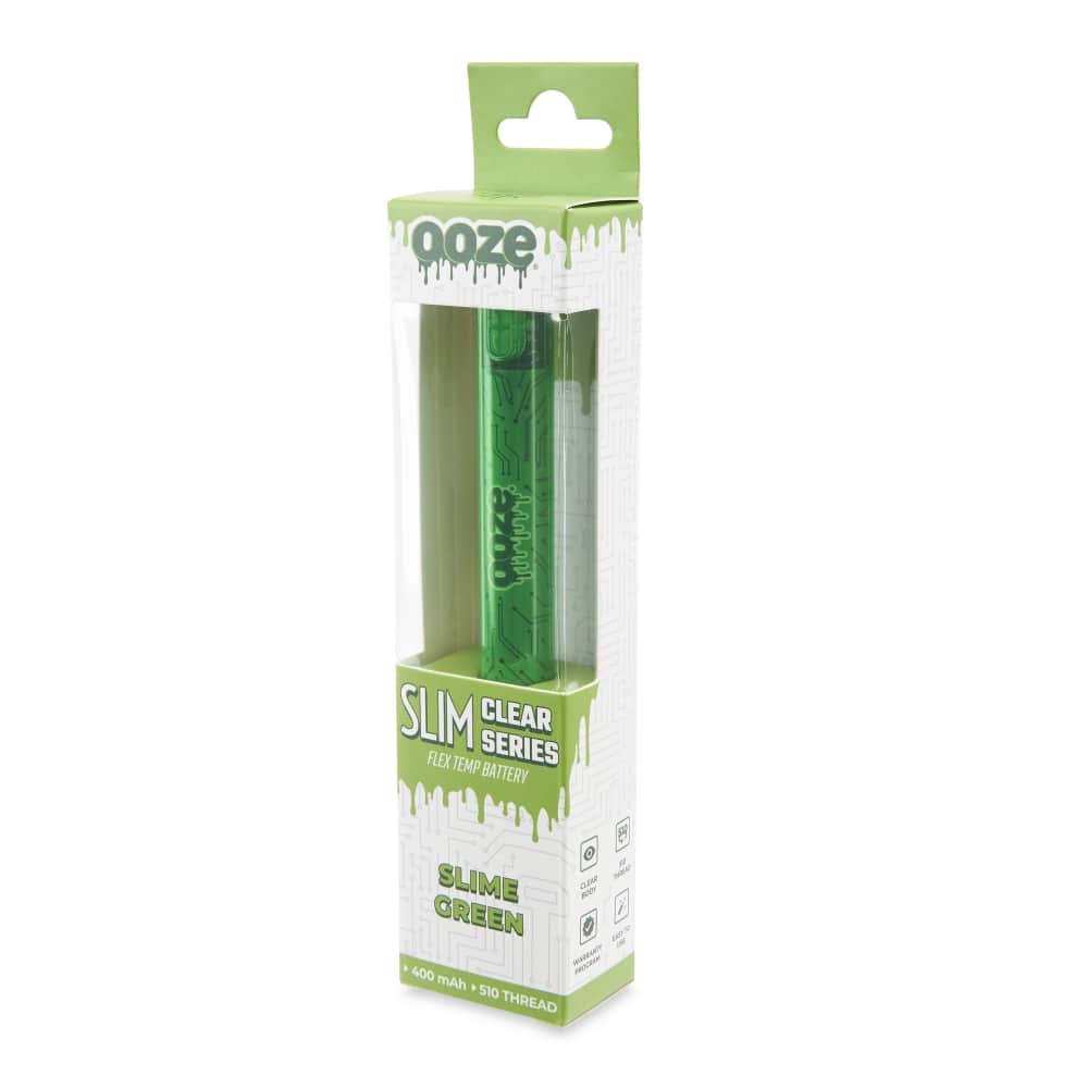 Green Ooze Slim Clear cannabis vape battery in retail packaging.
