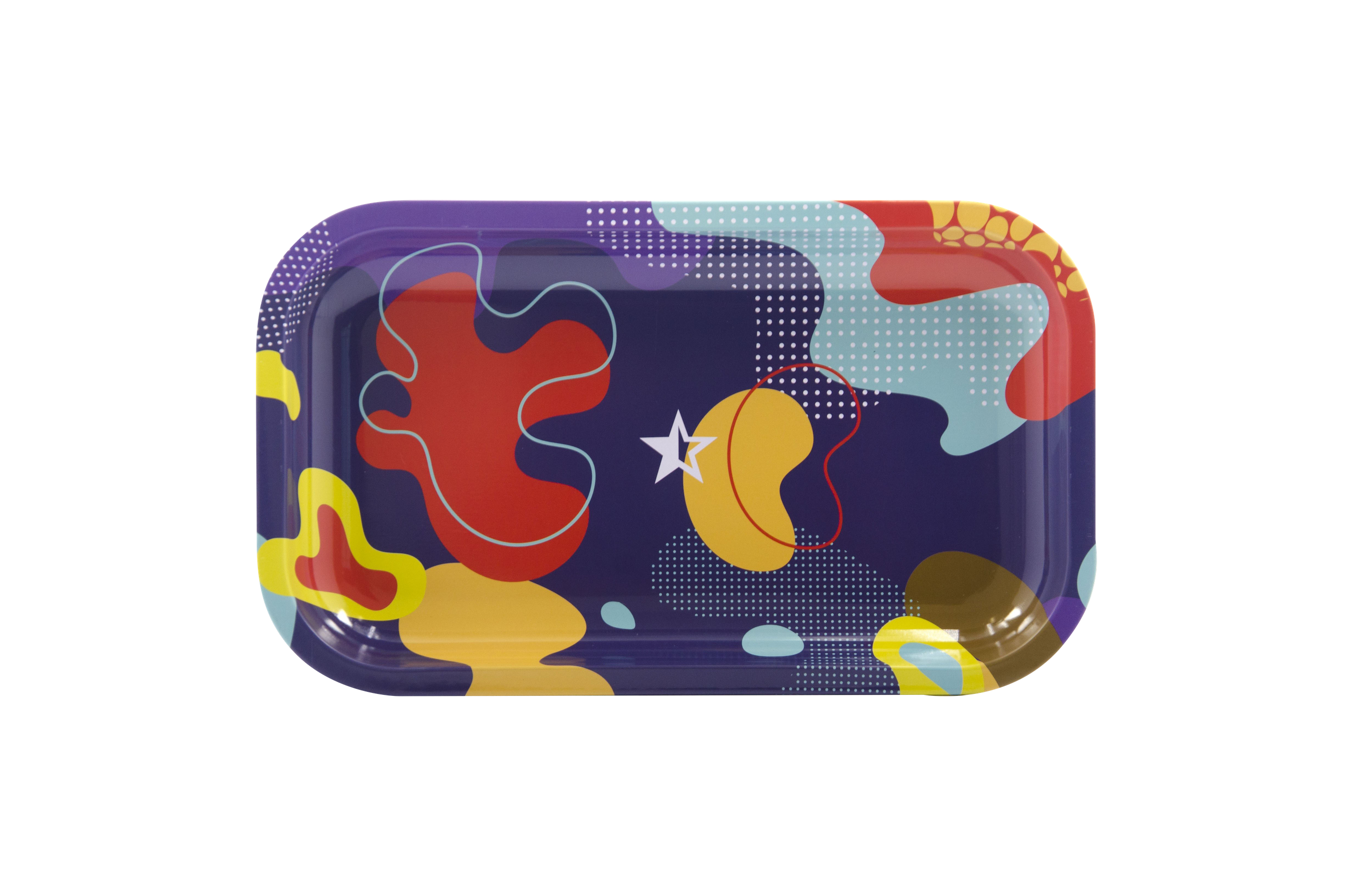 Front view of the Famous Brandz "Papaya" Rolling Tray, displaying a colorful, abstract design on a flat, rectangular surface.