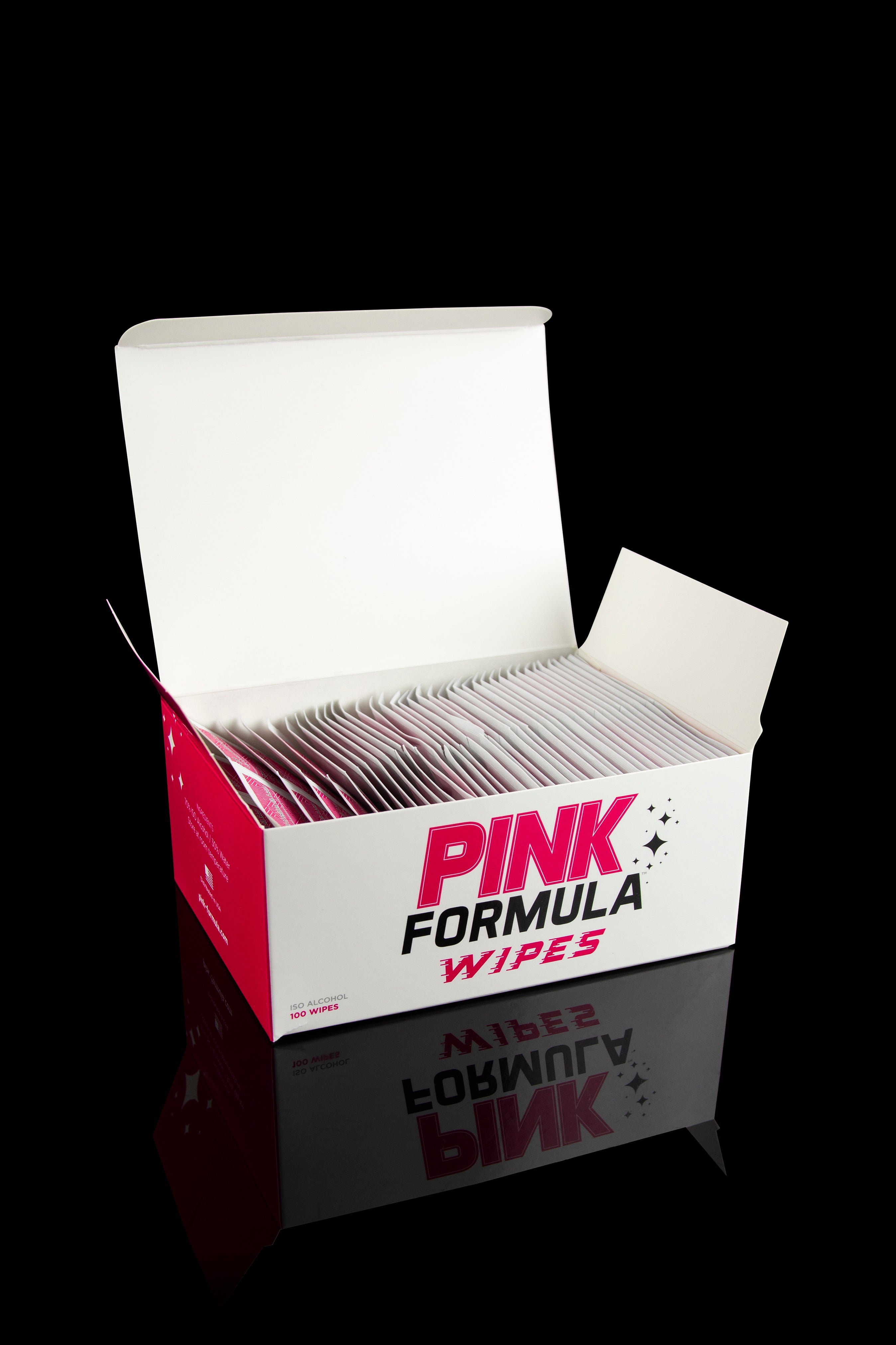 Front view of the Pink Formula XL ISO Wipes box, with a glossy finish and clean white design on a dark surface.