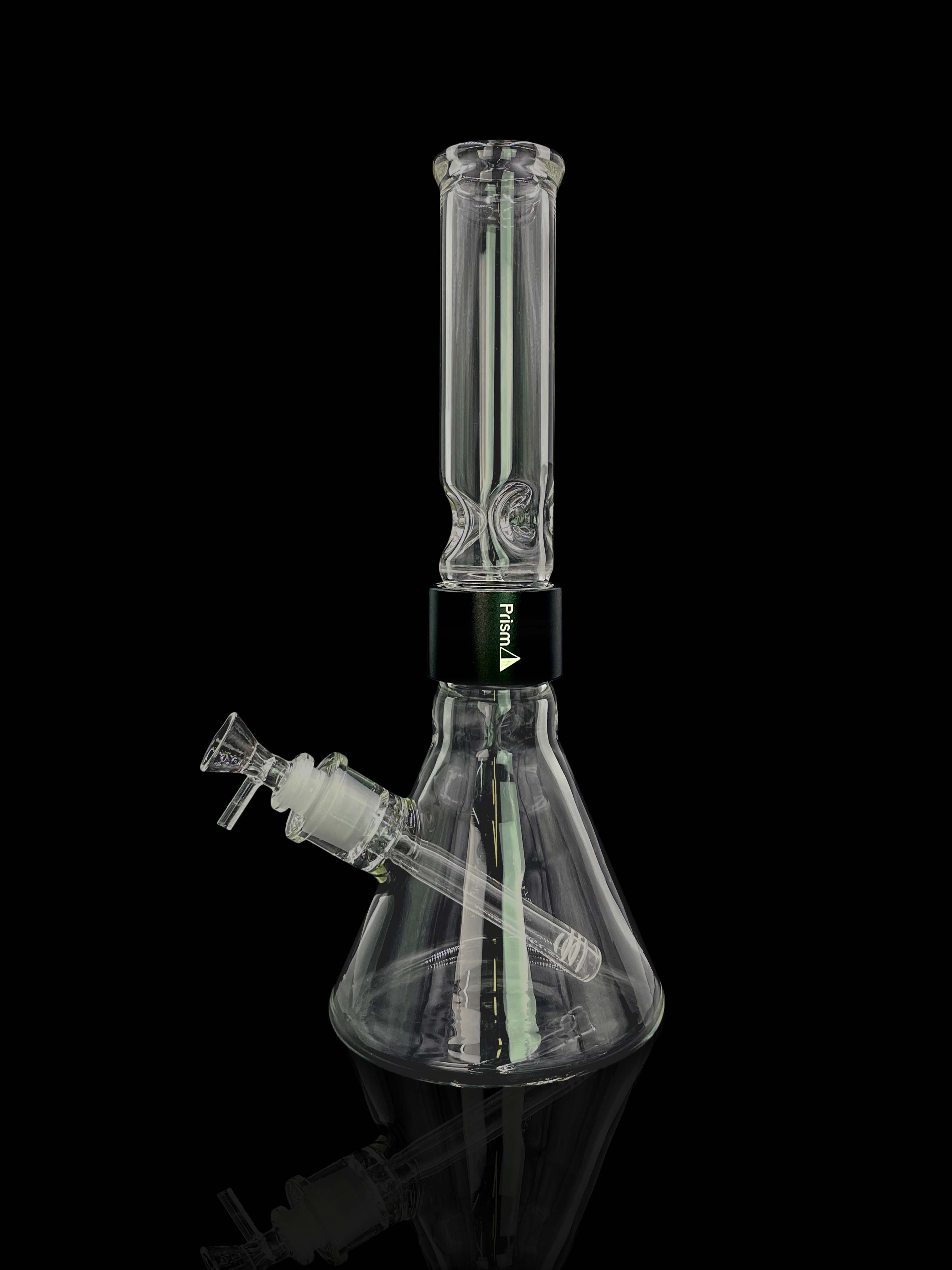 A front view of the Prism Water Pipes Starter Kit, showcasing the clear glass water pipe against a dark backdrop.
