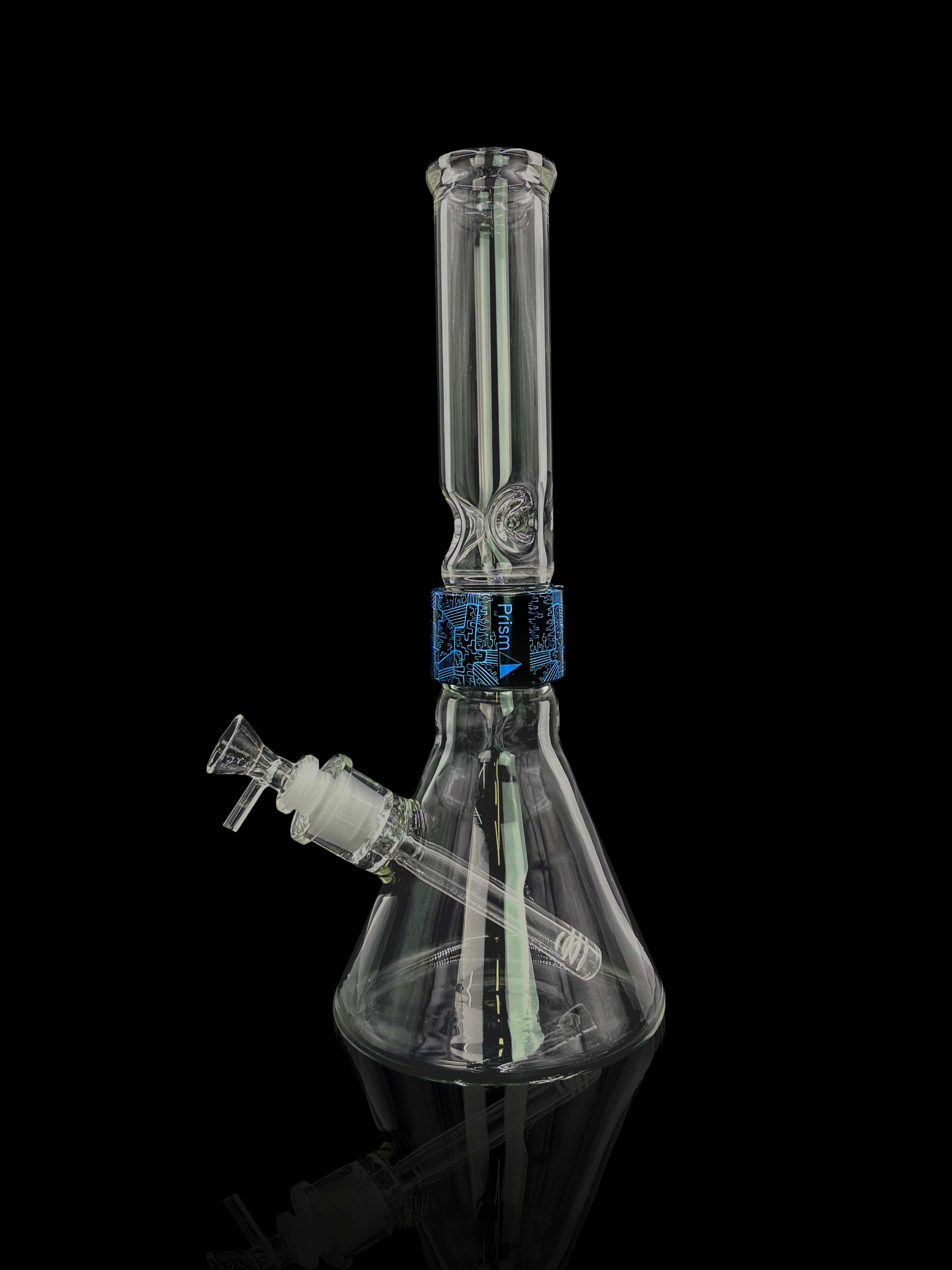 A front view of the Prism Water Pipes Starter Kit, showcasing the clear glass water pipe against a plain black background.