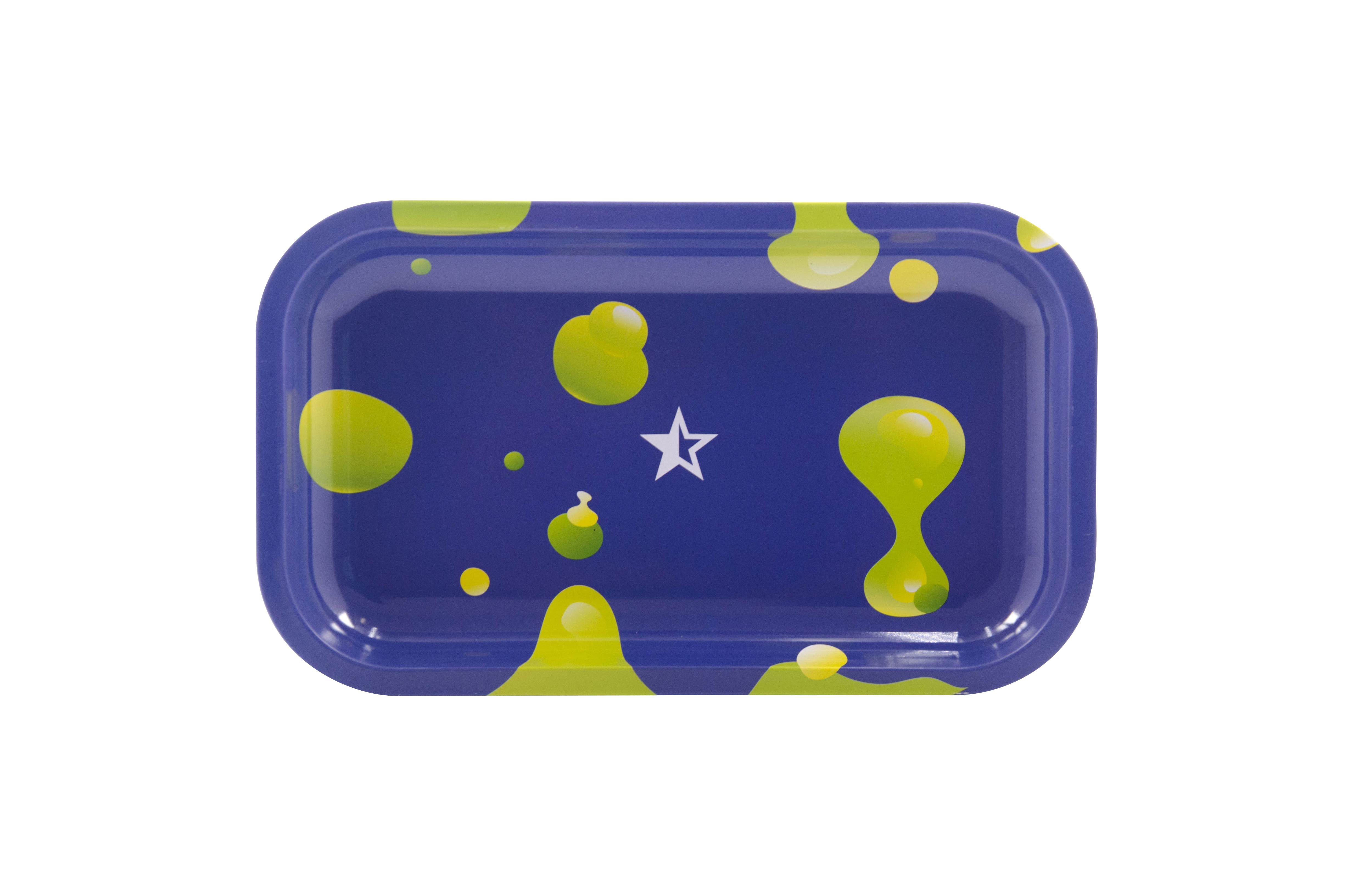 A top-down view of the Famous Brandz "Privilege" Rolling Tray with a blue background and scattered, colorful droplets.