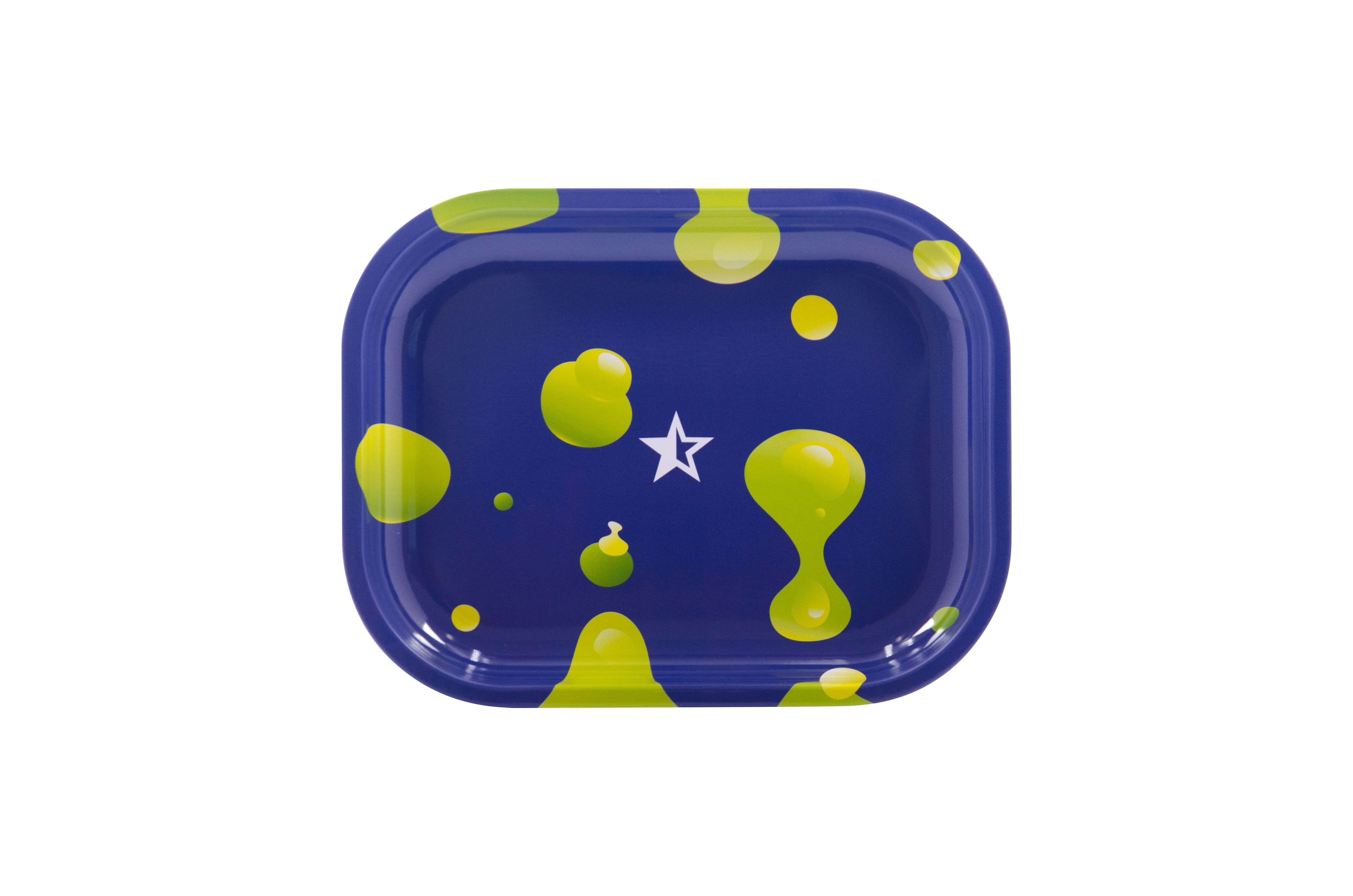 Overhead view of the Famous Brandz "Privilege" Rolling Tray, displaying a vibrant design of scattered, colorful dots against a deep blue background.