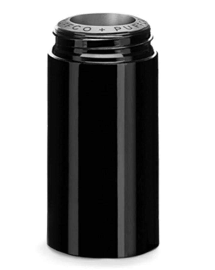 Sleek black cannabis concentrate container.