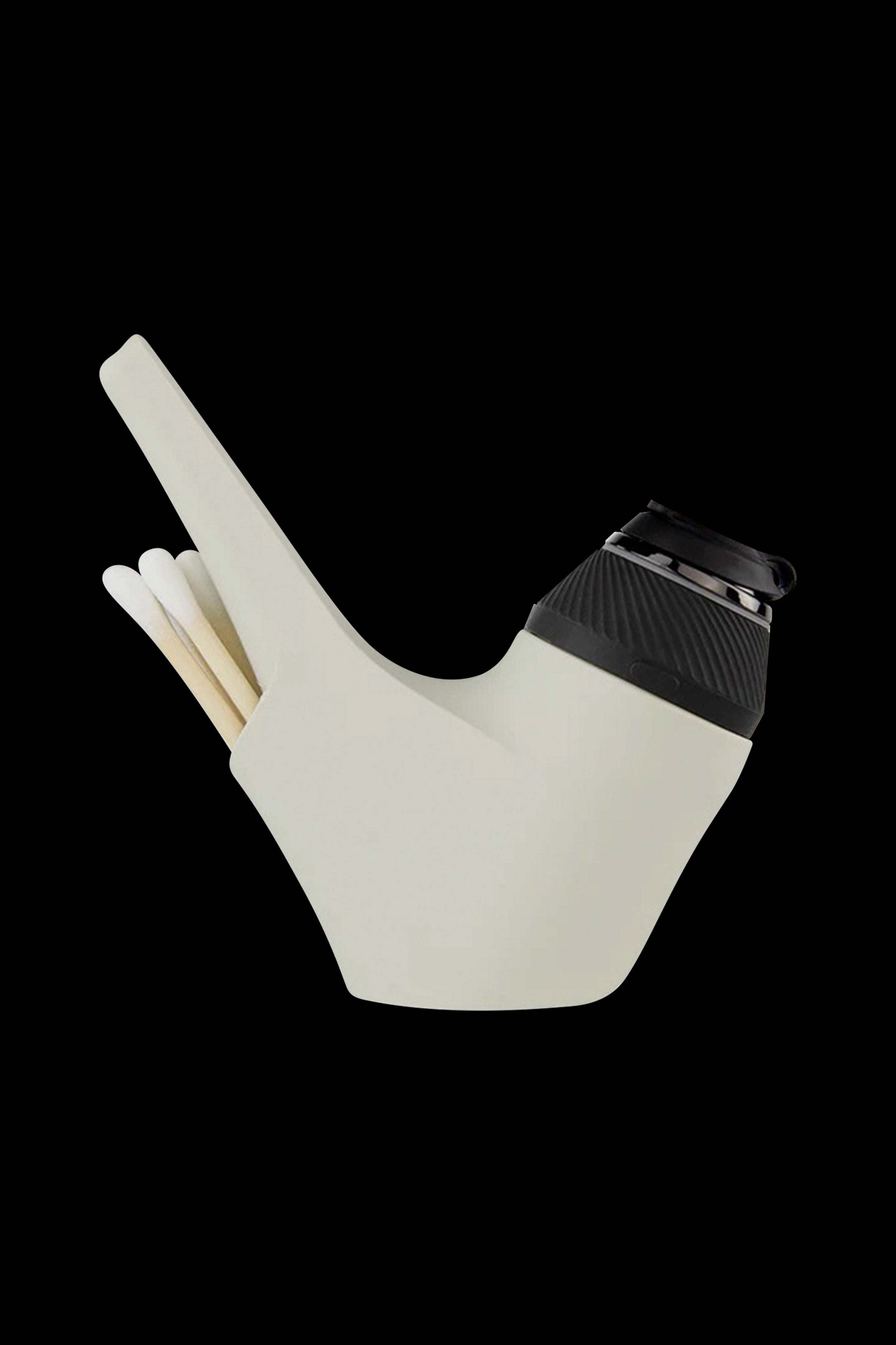 Cream-colored glass bubbler with a black mouthpiece.