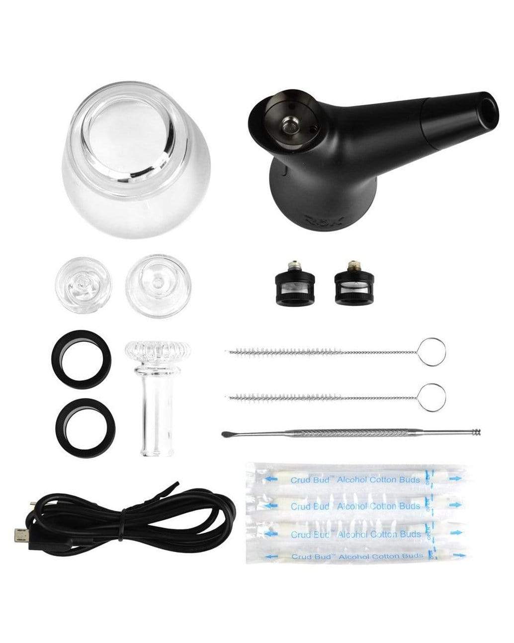 Cannabis dab rig kit including a water pipe, carb cap, quartz banger, dab tool, silicone rings, alcohol swabs, and USB charging cable.