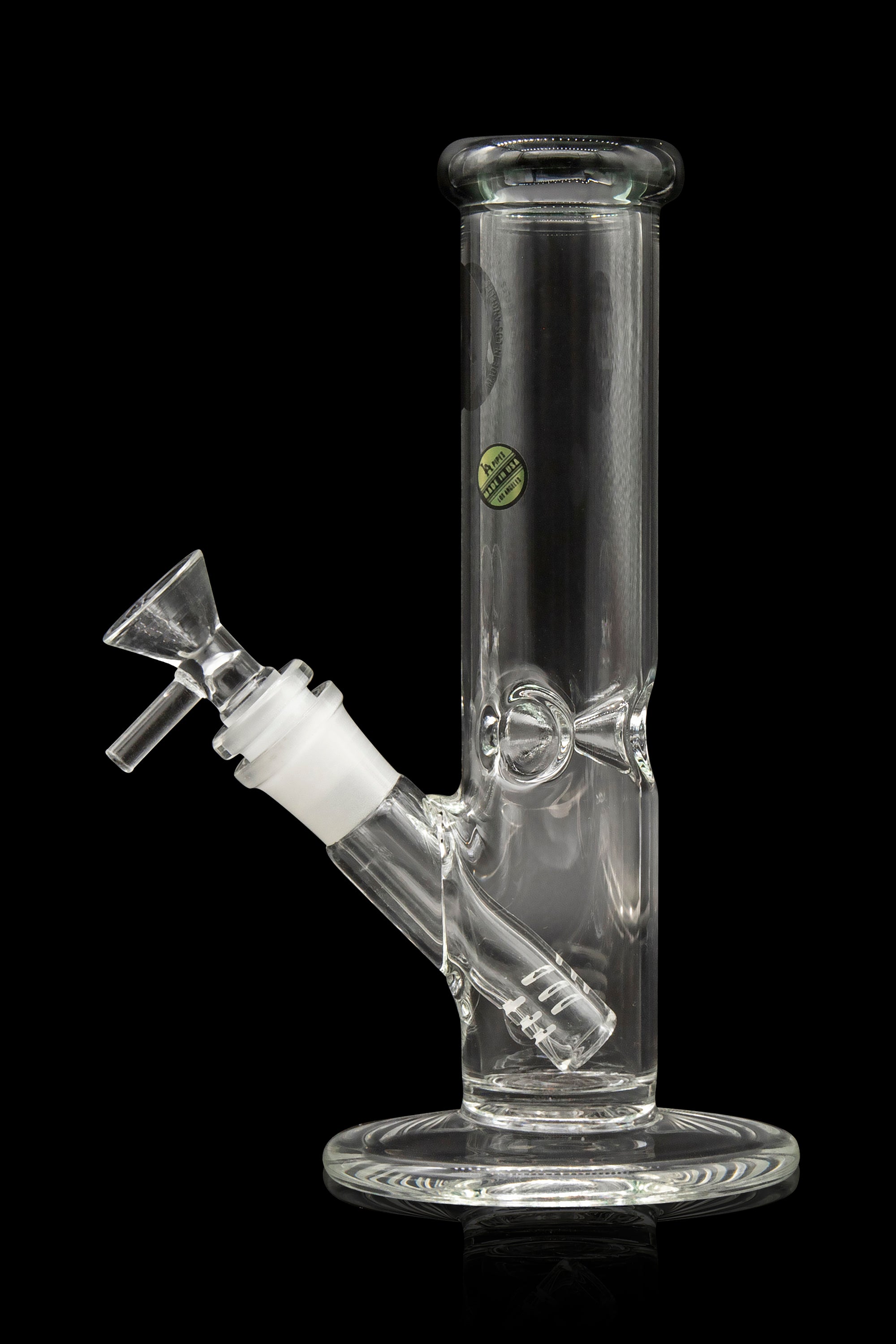 Clear glass bong with a removable bowl, isolated on a black background.