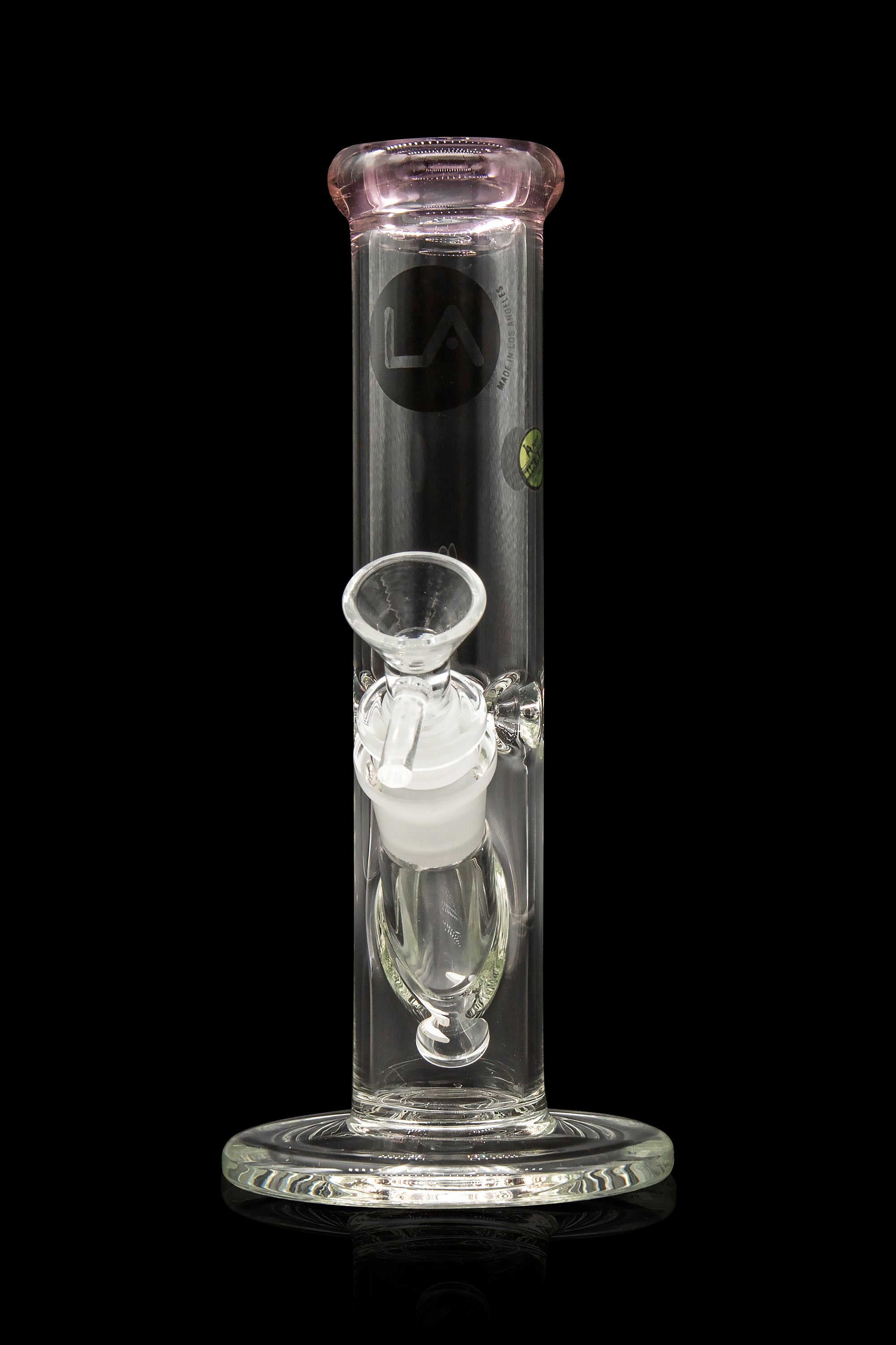Clear glass bong with pink accents and a glass bowl insert, studio shot on a black background.