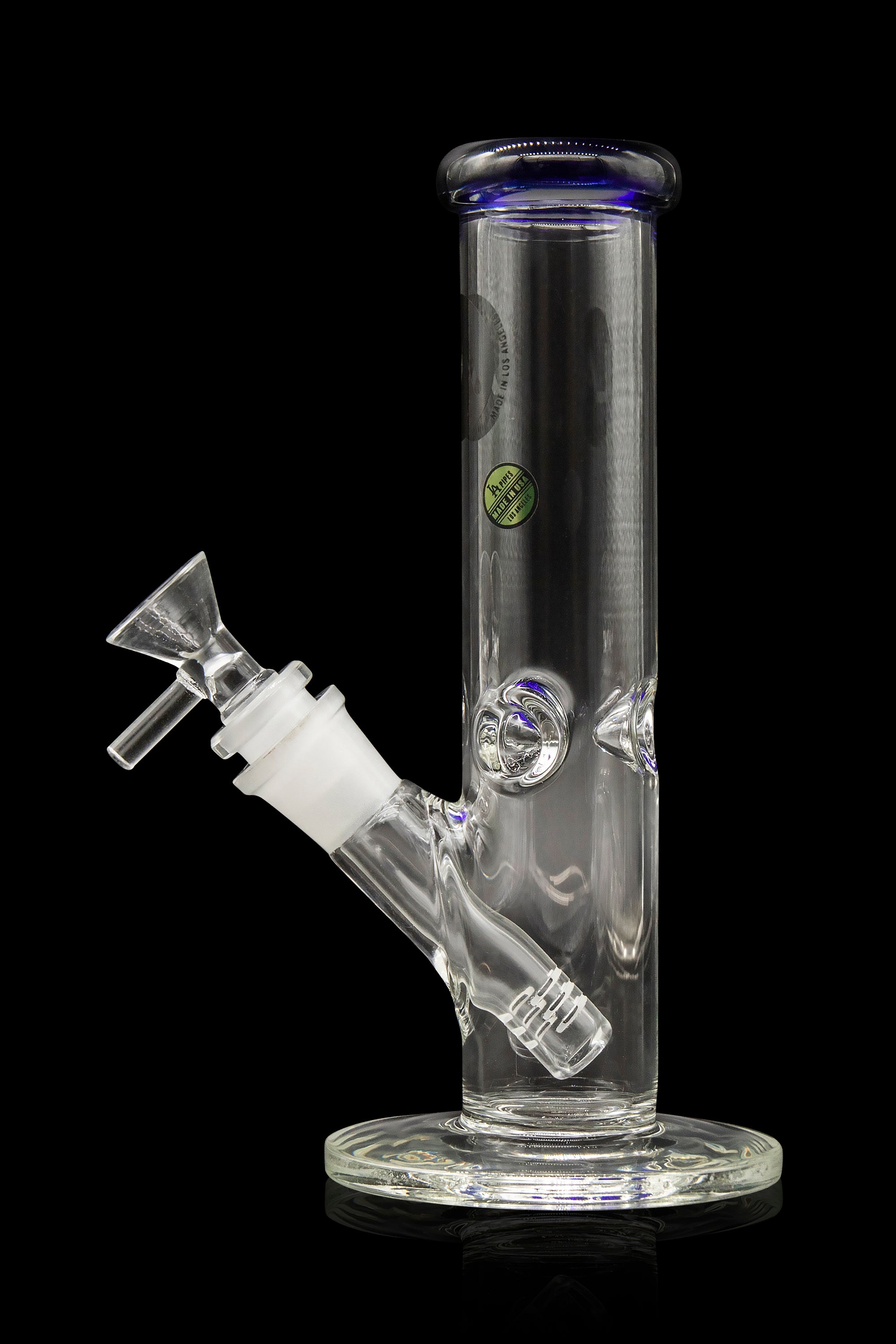 Clear glass water pipe (bong) with a glass bowl, studio shot.
