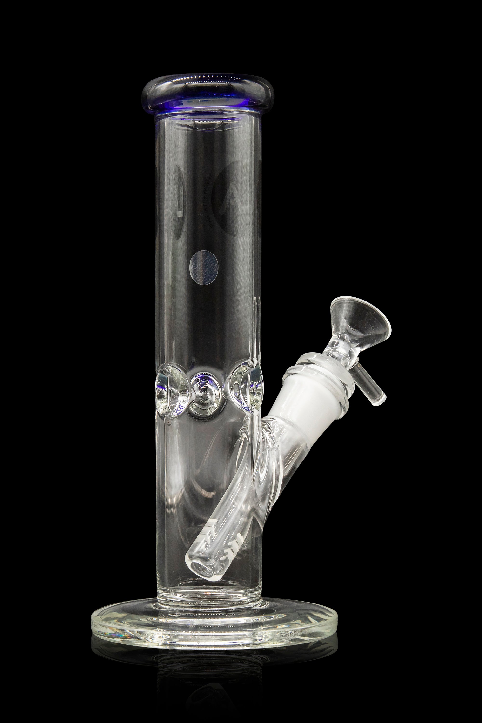Clear glass water pipe (bong) with blue accents and a detachable downstem, isolated on a black background.