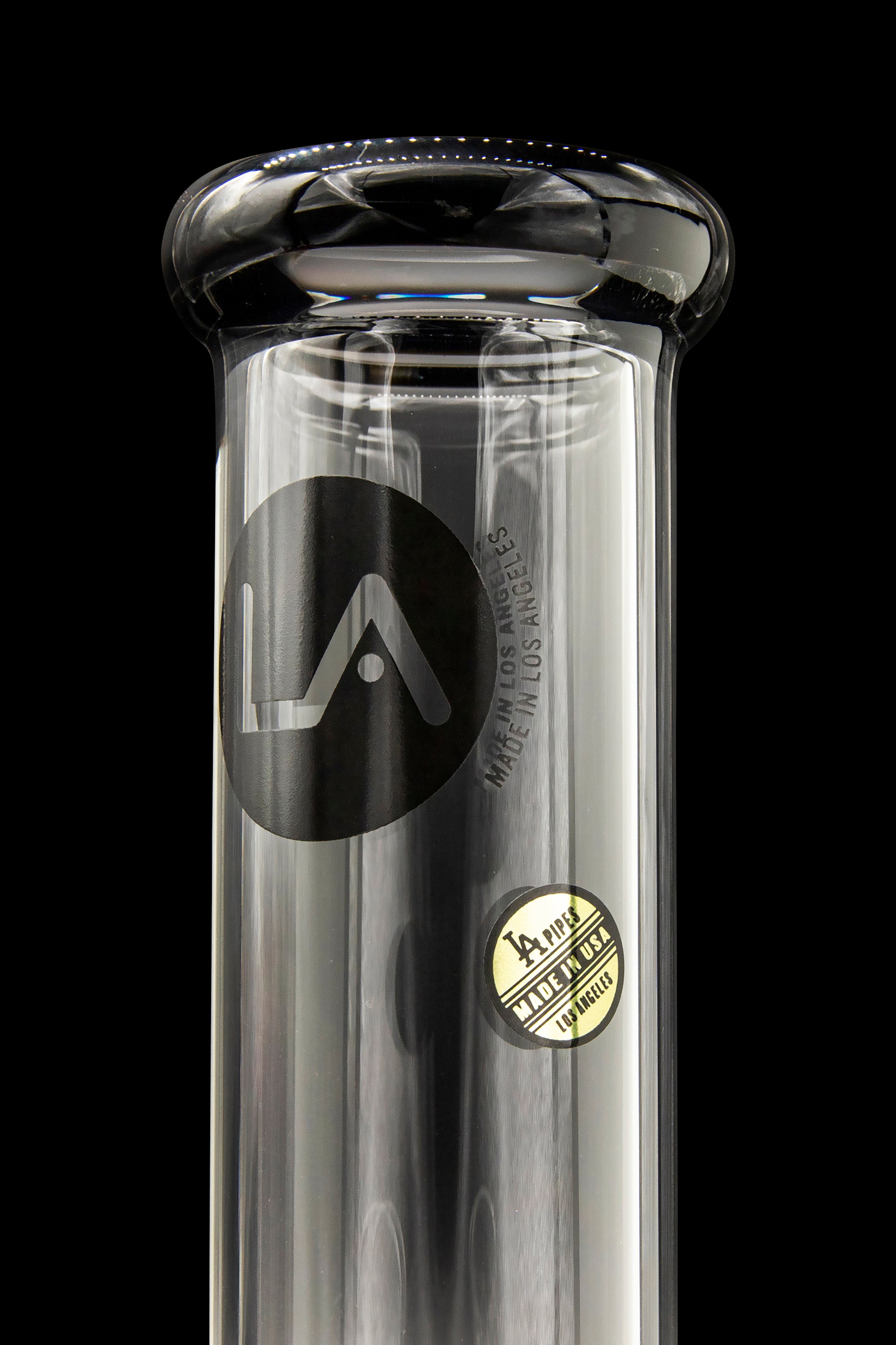 Silver glass pipe with a black "LA" logo and "Made in USA" stamp.