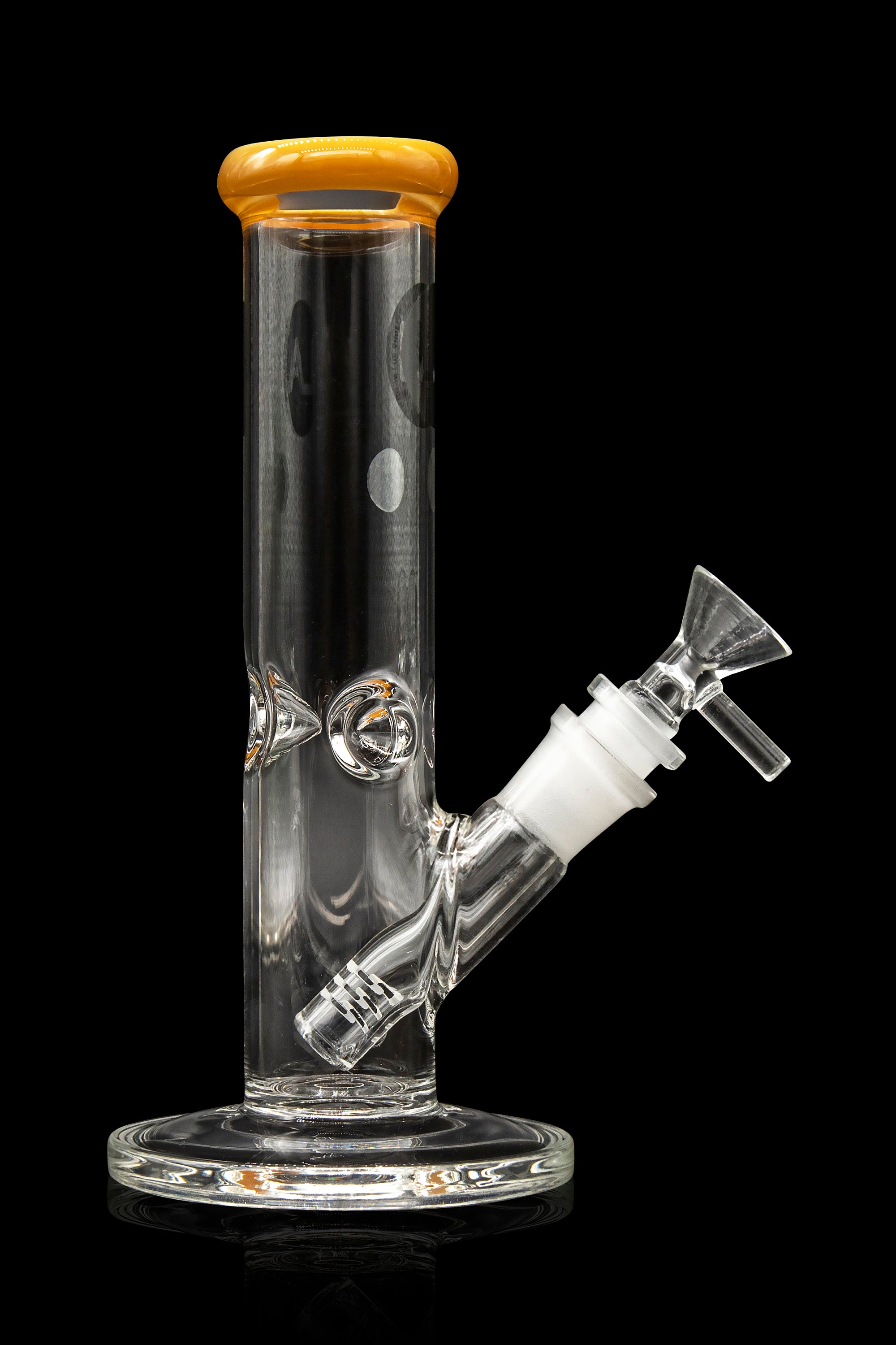 Clear glass water pipe (bong) with a detachable bowl piece, isolated on a black background.