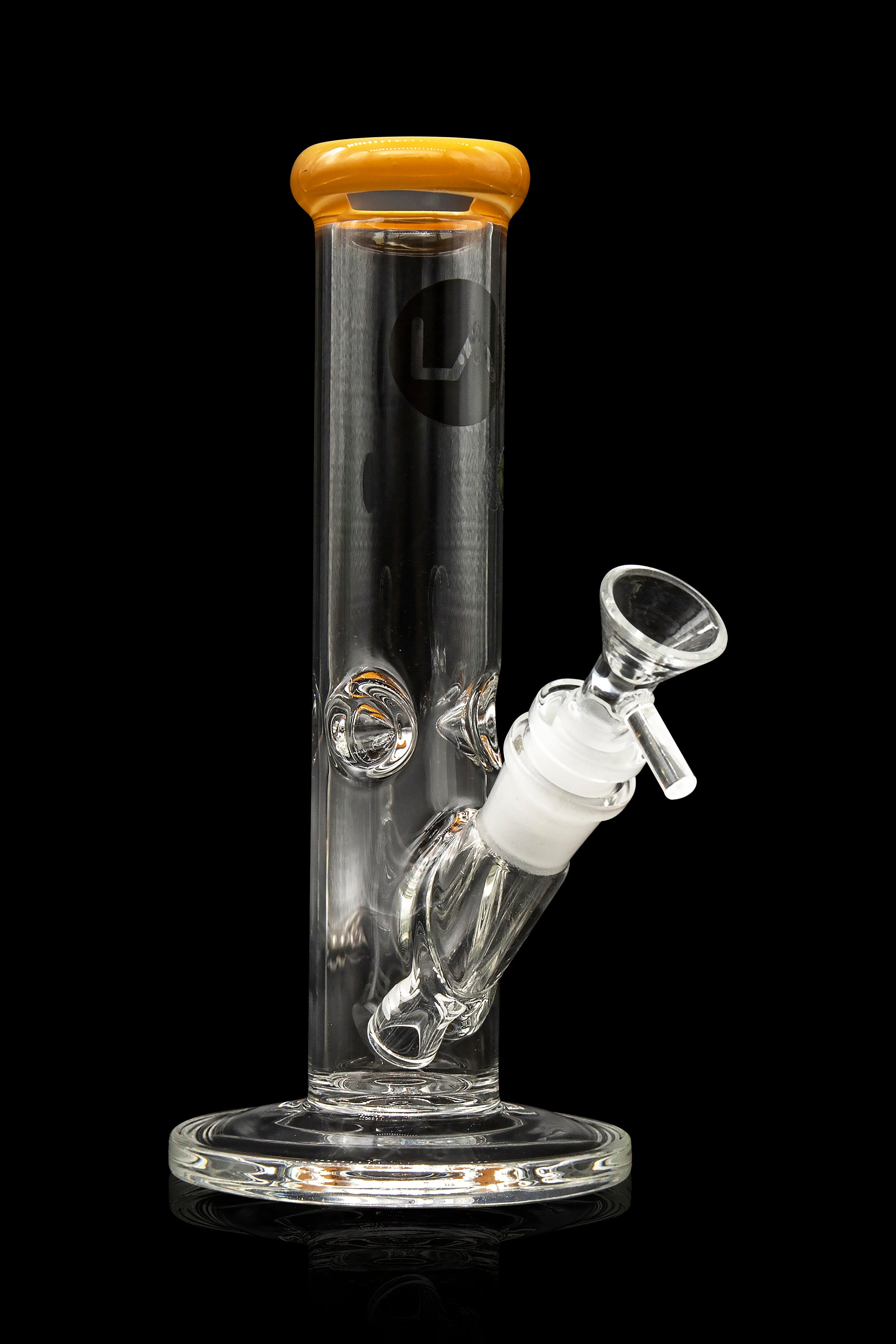 Clear glass water pipe (bong) with a diffused downstem and amber mouthpiece, isolated on a black background.