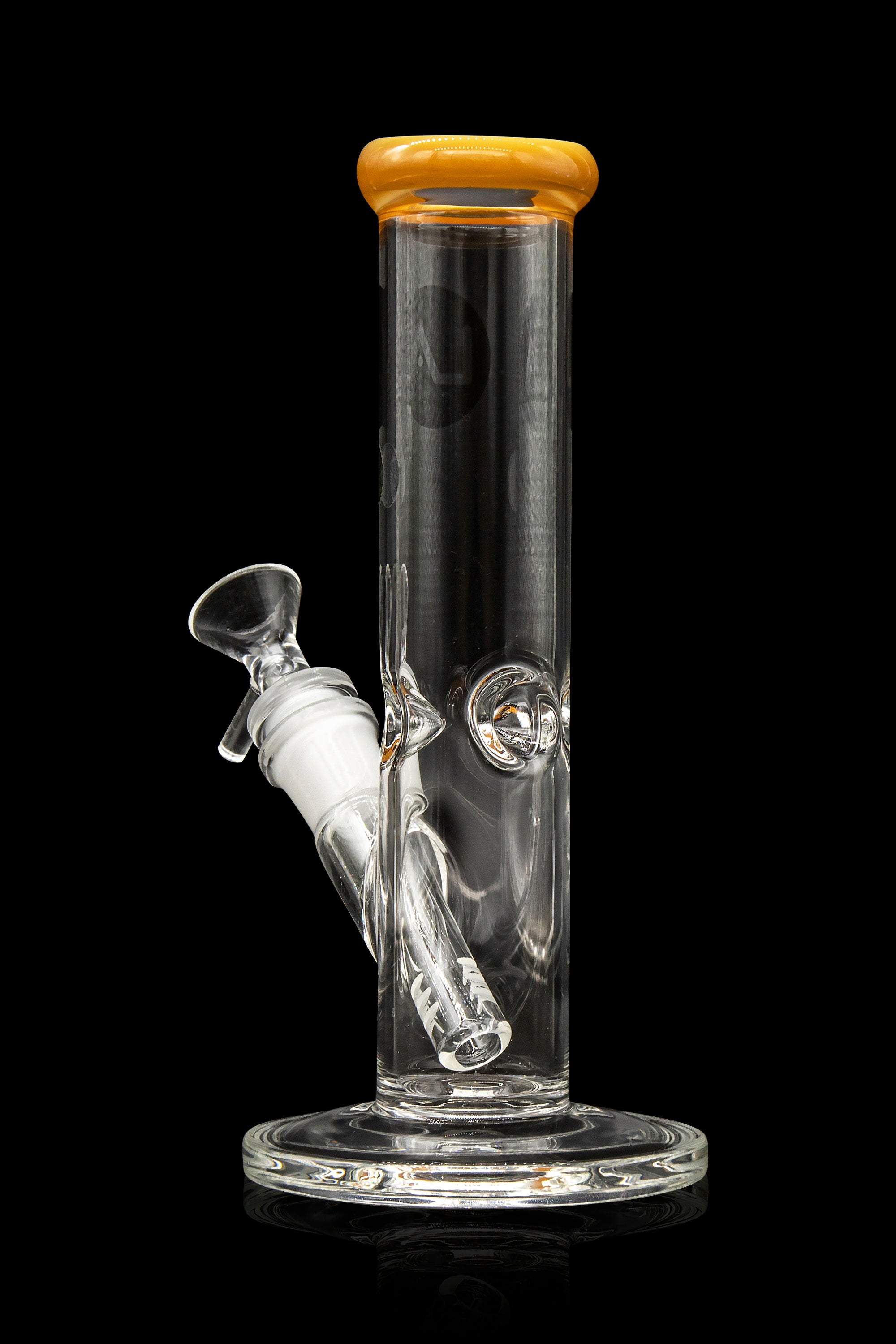 Clear glass water pipe (bong) with ice catcher and detachable downstem, isolated on black.