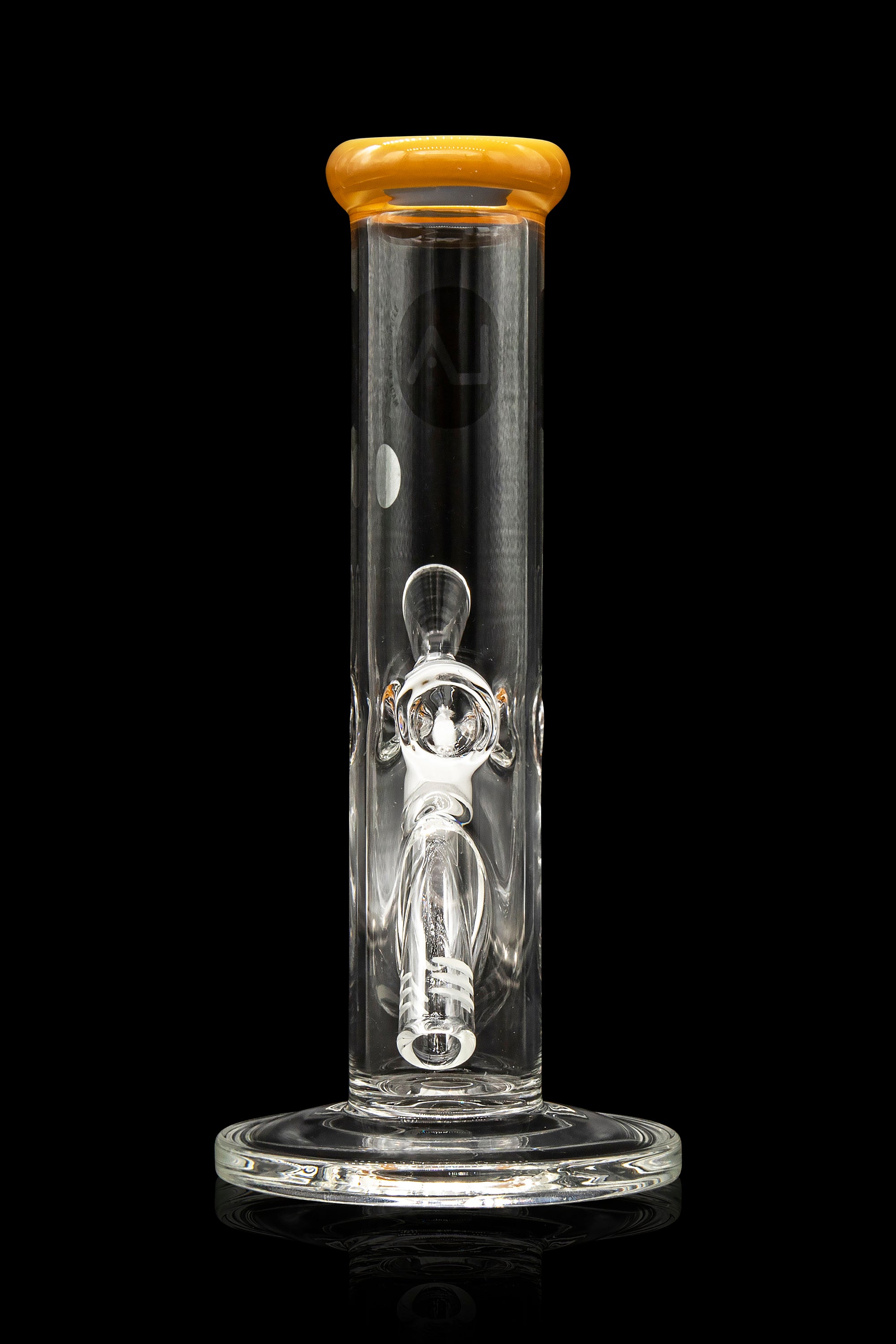 Clear glass bong with intricate bubbler and wooden mouthpiece, isolated on black.
