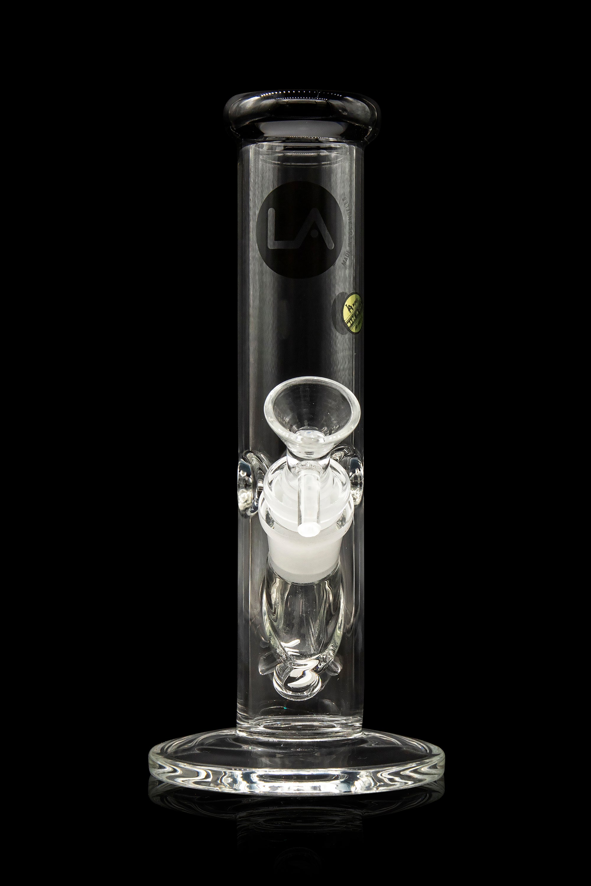 Clear glass bong with a percolator, isolated on a black background.