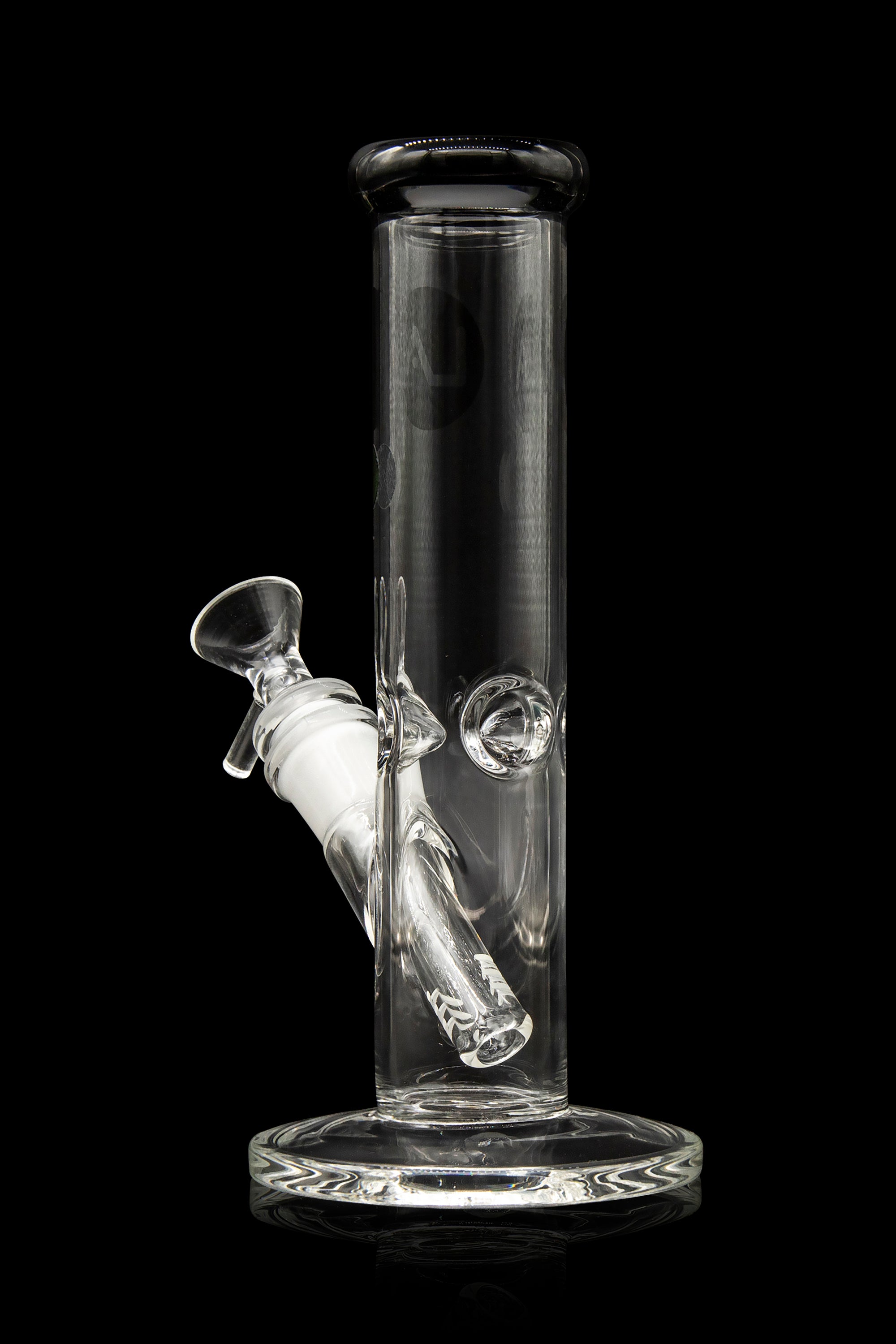 Clear glass bong with ice catcher, isolated on black.