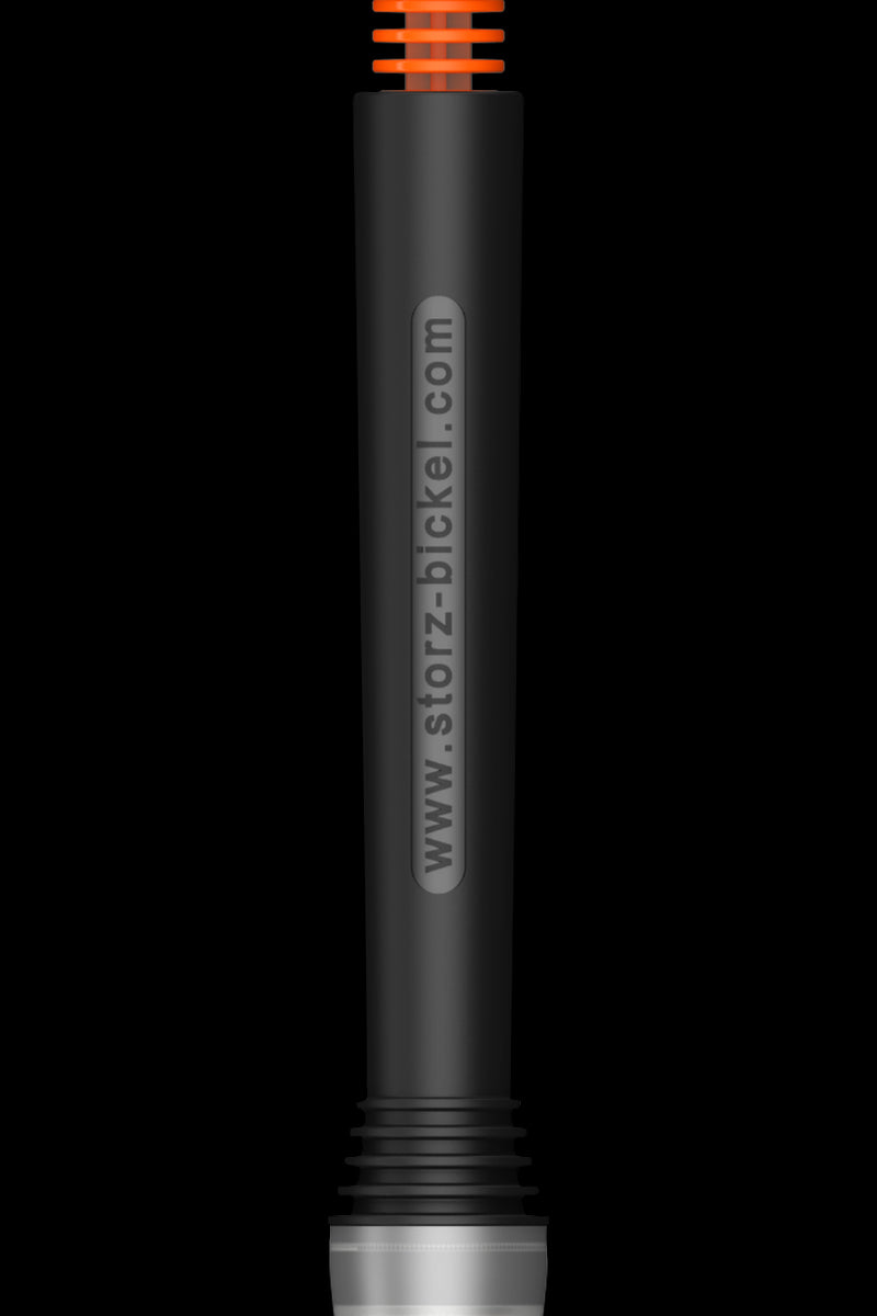 A centered, vertical close-up of a black capsule-like tube with orange ridges at the top, showing the label "Storz & Bickel Dosing Capsules - 40 Pack" along its side against a black background.