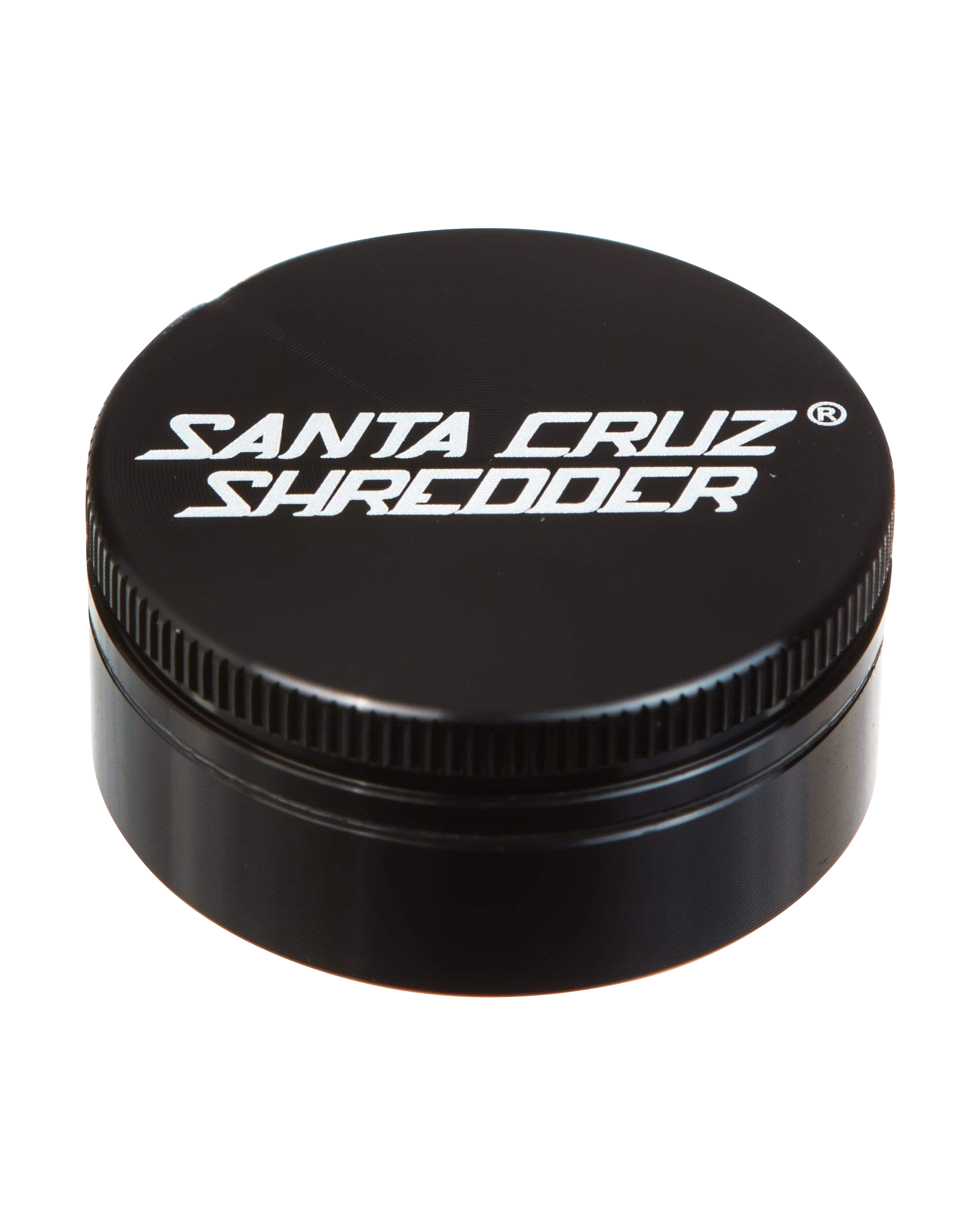 A close-up, angled view of the Santa Cruz Shredder Small 2-Piece Grinder, showcasing its metallic, multi-tiered construction.