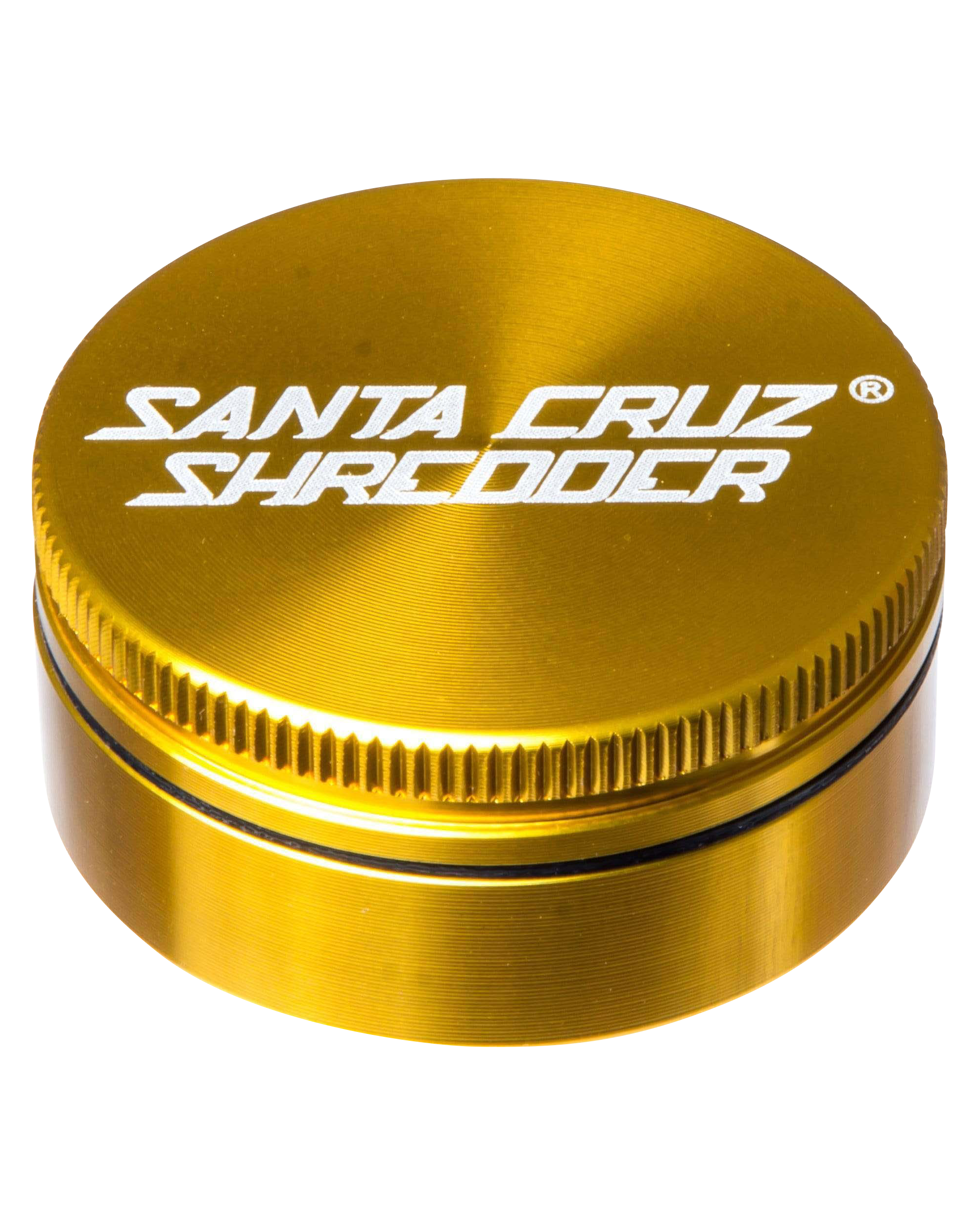 Front view of the Santa Cruz Shredder Small 2-Piece Grinder, showing a silver, circular metal grinder with visible ridges.