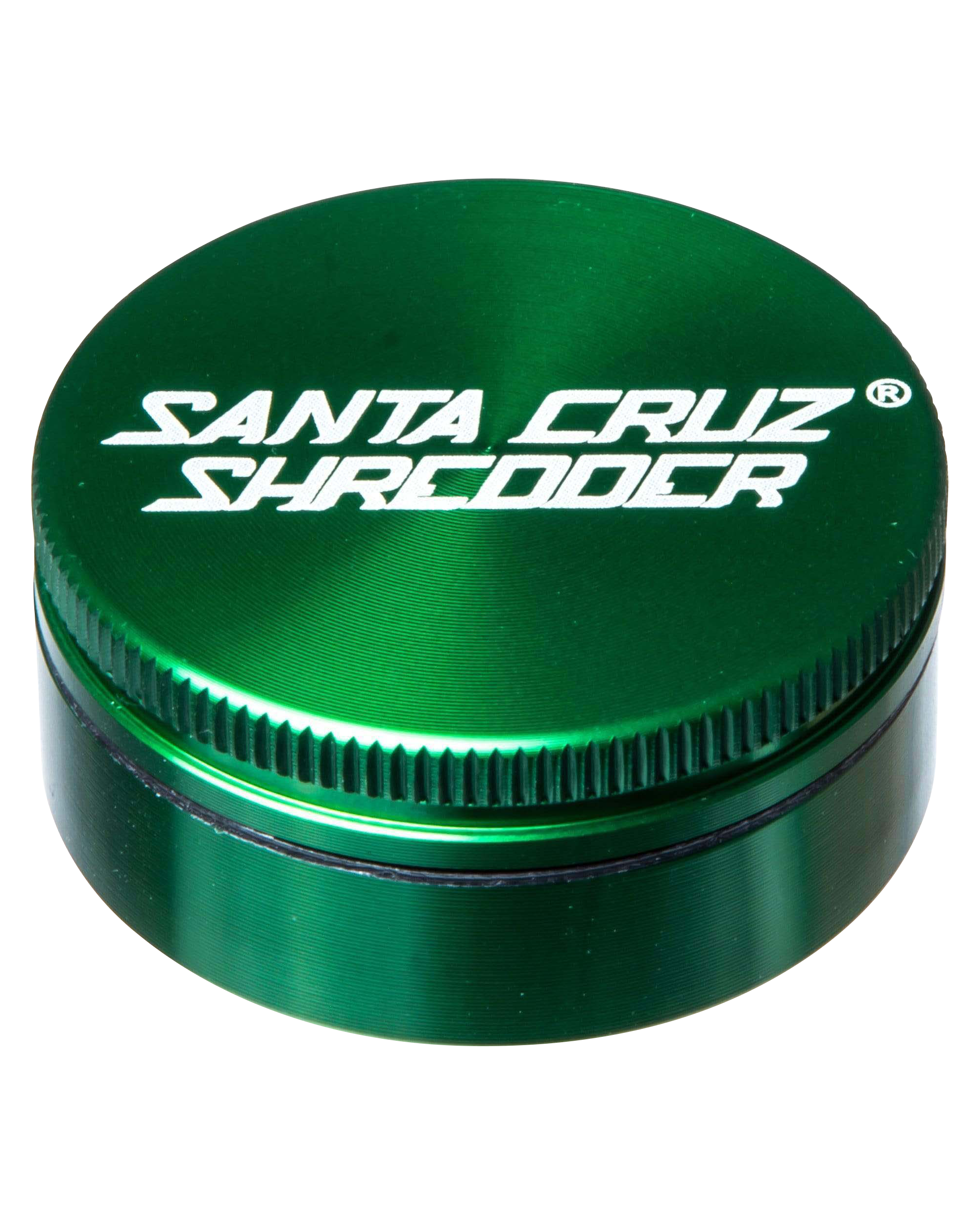 Front view of the Santa Cruz Shredder Small 2-Piece Grinder, showing a metallic, circular grinder with visible threading and a dark background.