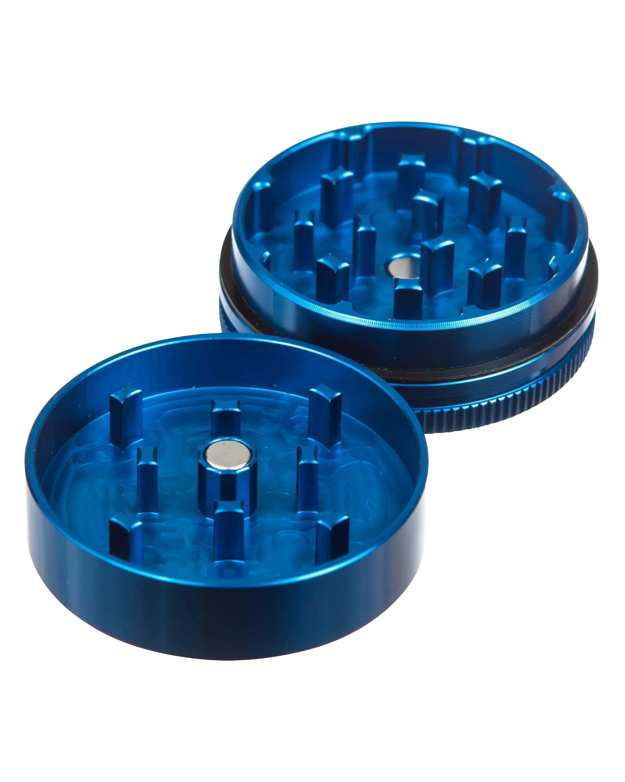 A top-down view of the two-piece Santa Cruz Shredder Small grinder, showcasing its metallic blue finish and internal grinding teeth.