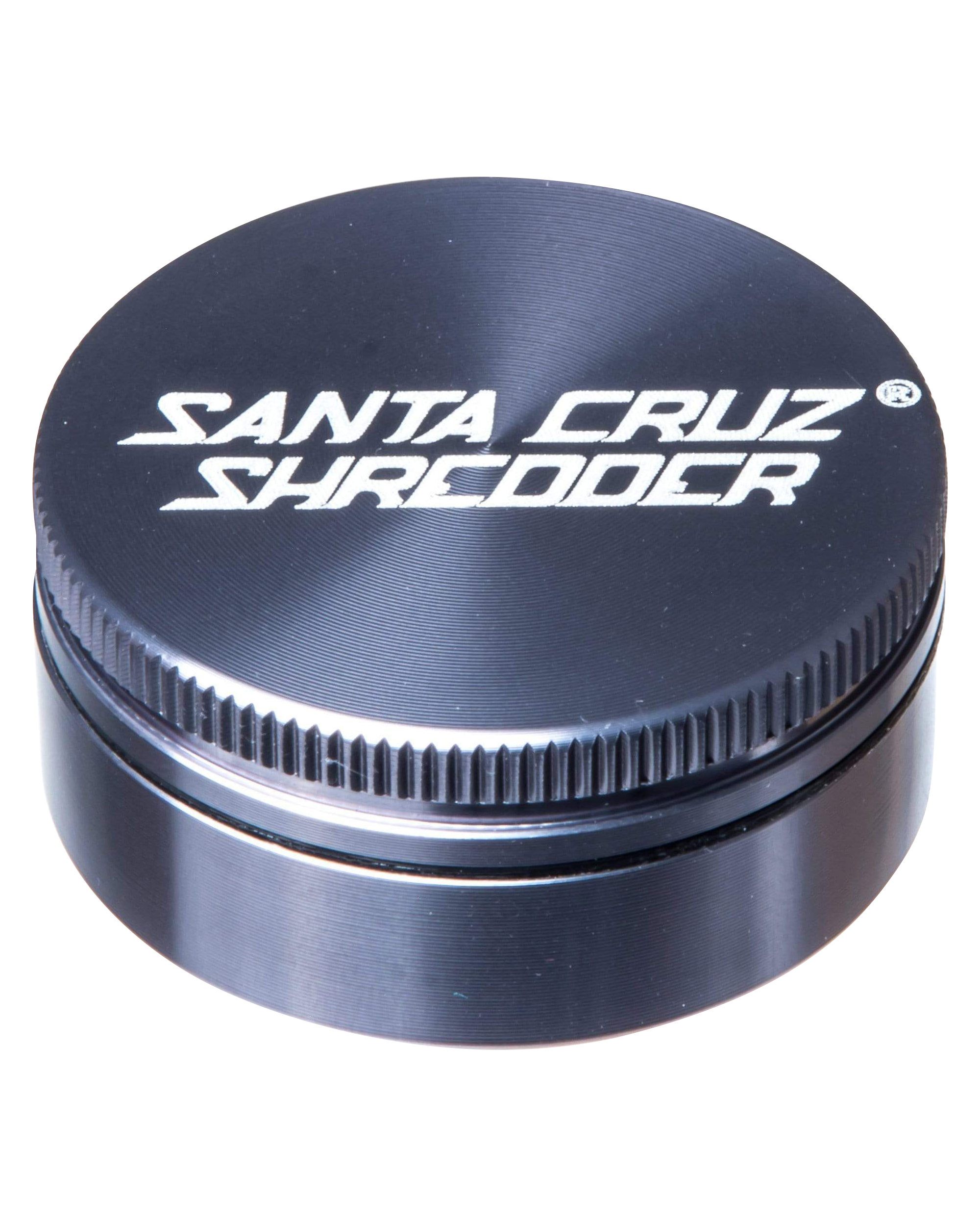 Close-up, angled view of the Santa Cruz Shredder Small 2-Piece Grinder, showing its metallic finish and circular design.
