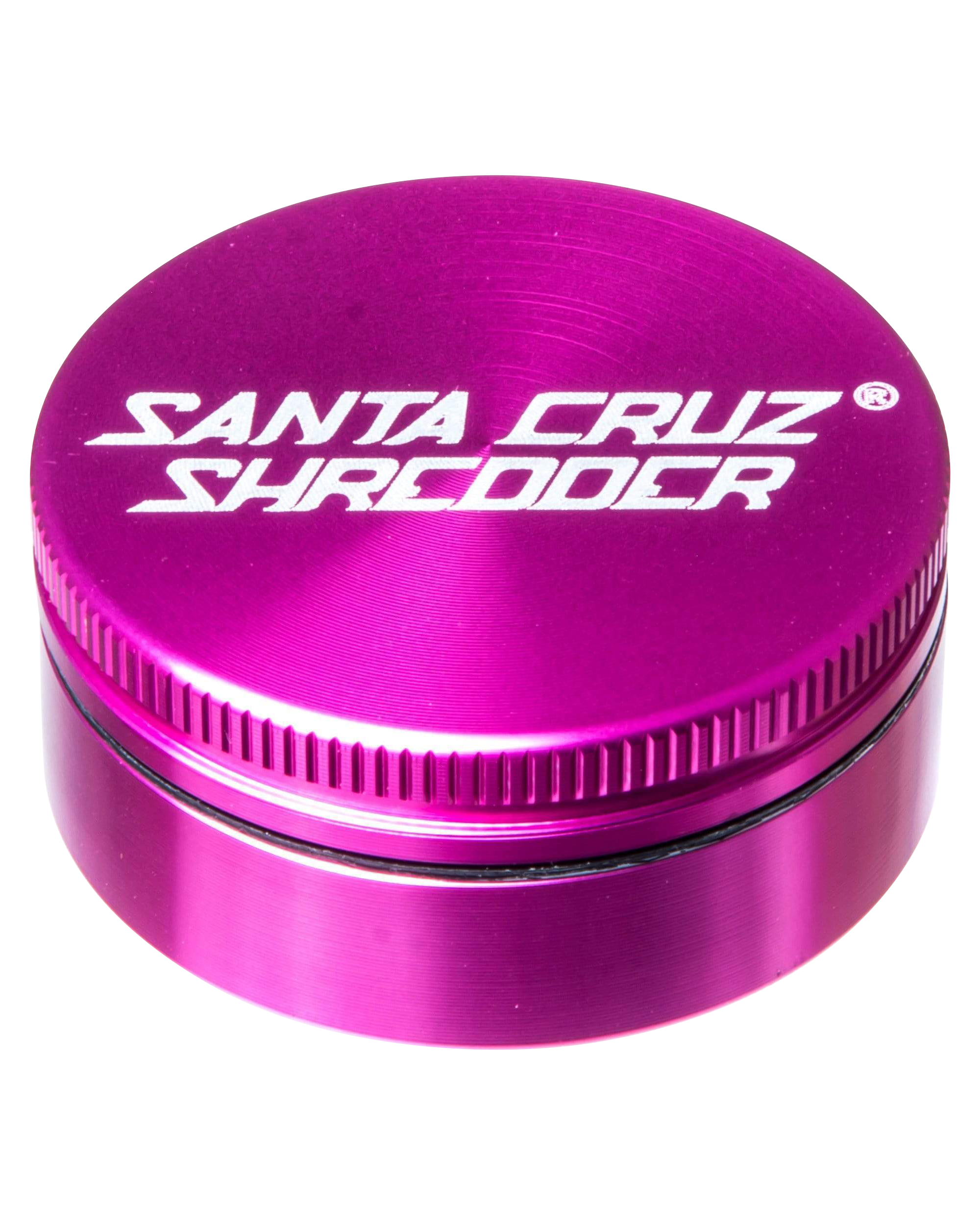 Close-up of the silver Santa Cruz Shredder Small 2-Piece Grinder, angled to show its circular, textured design.