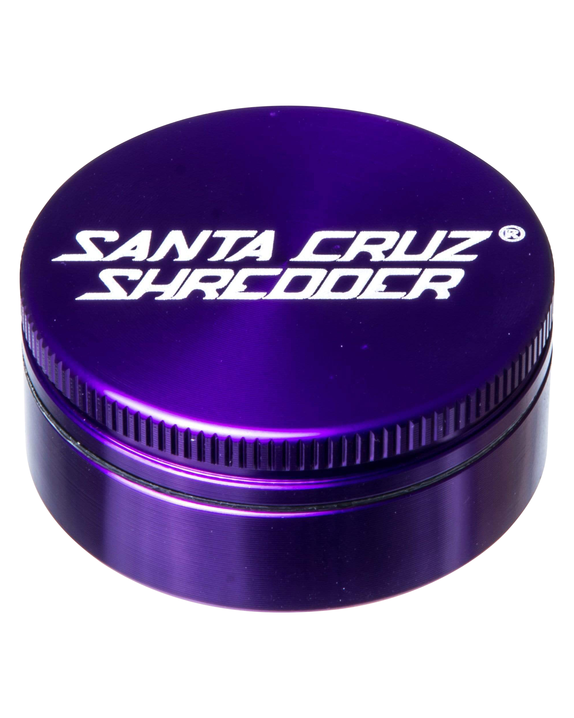 A close-up, angled view of the Santa Cruz Shredder Small 2-Piece Grinder, showcasing its metallic purple finish and textured design.