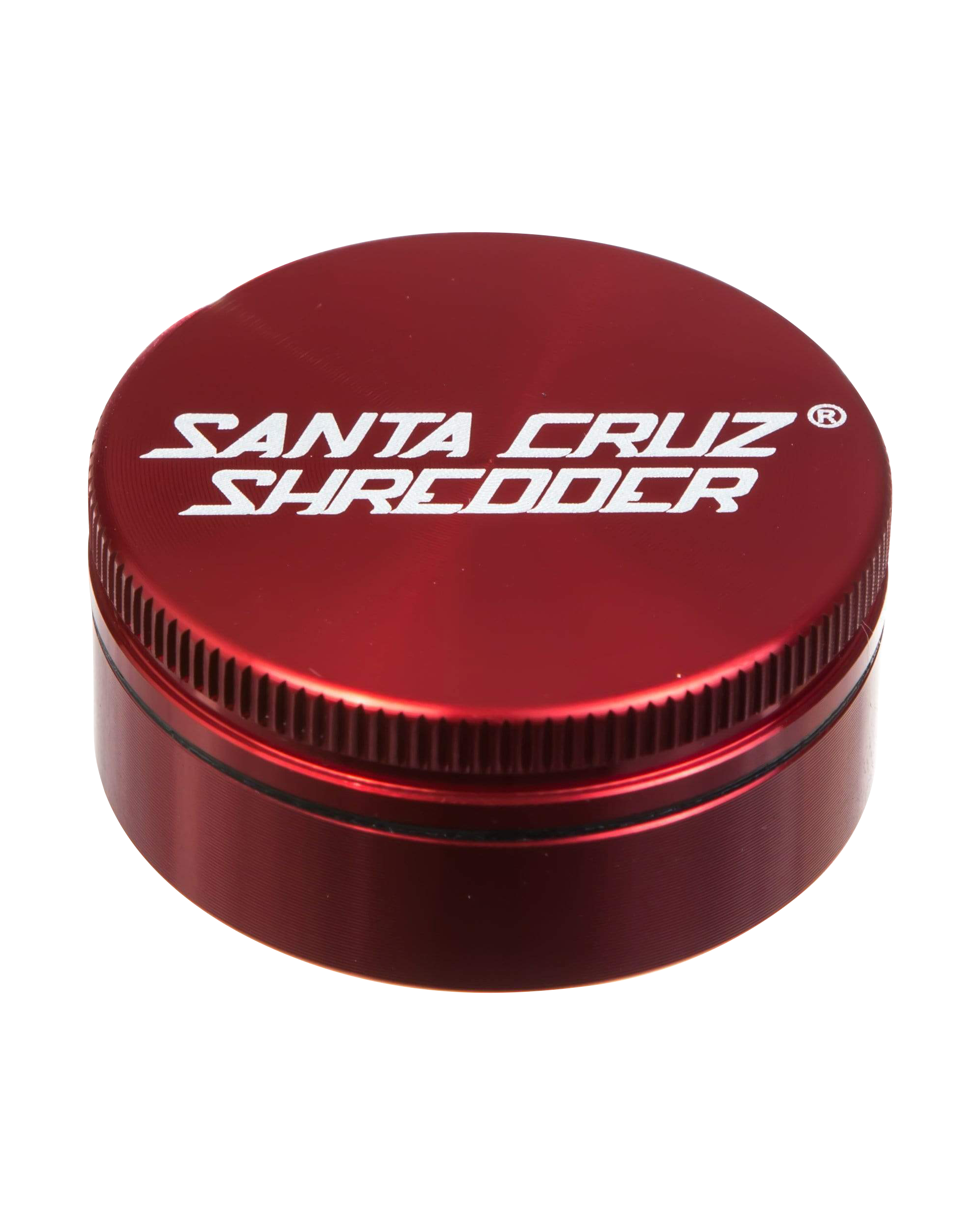 Front view of the Santa Cruz Shredder Small 2-Piece Grinder, featuring a silver, ridged top against a black background.