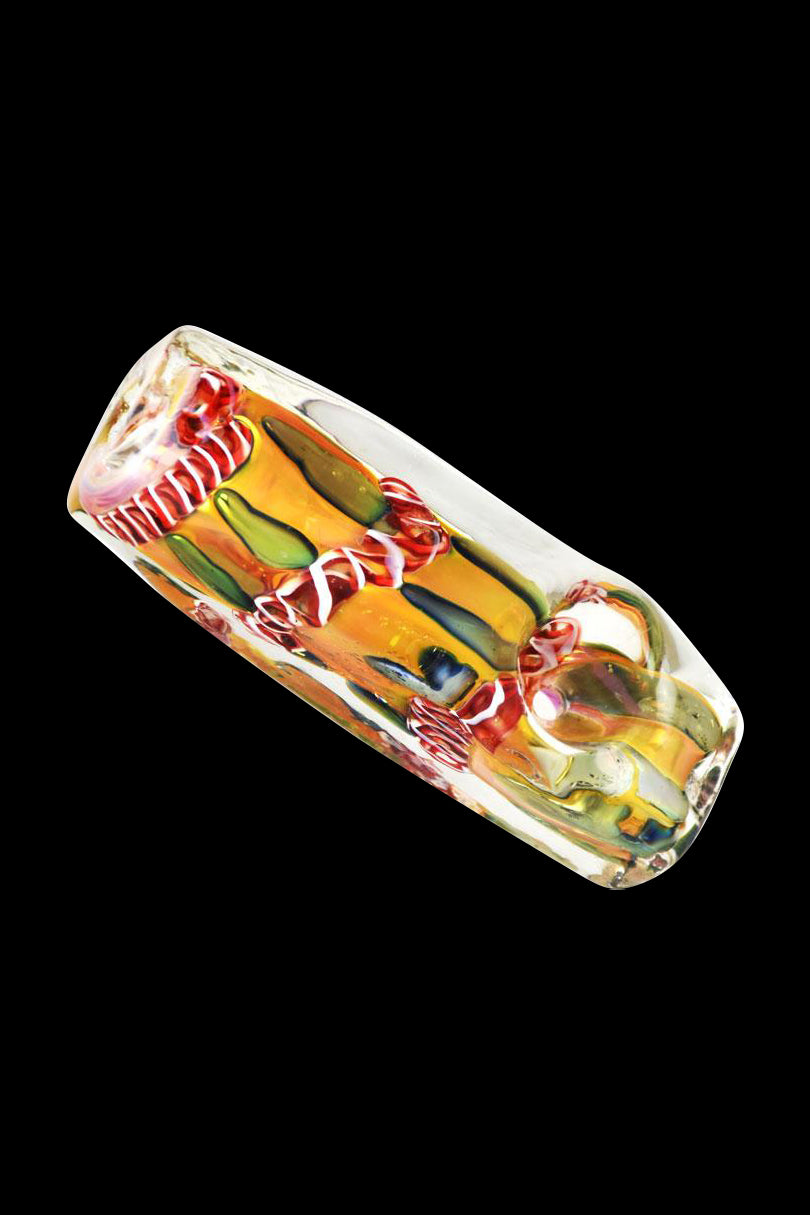 Hand-blown glass cannabis pipe with floral design.