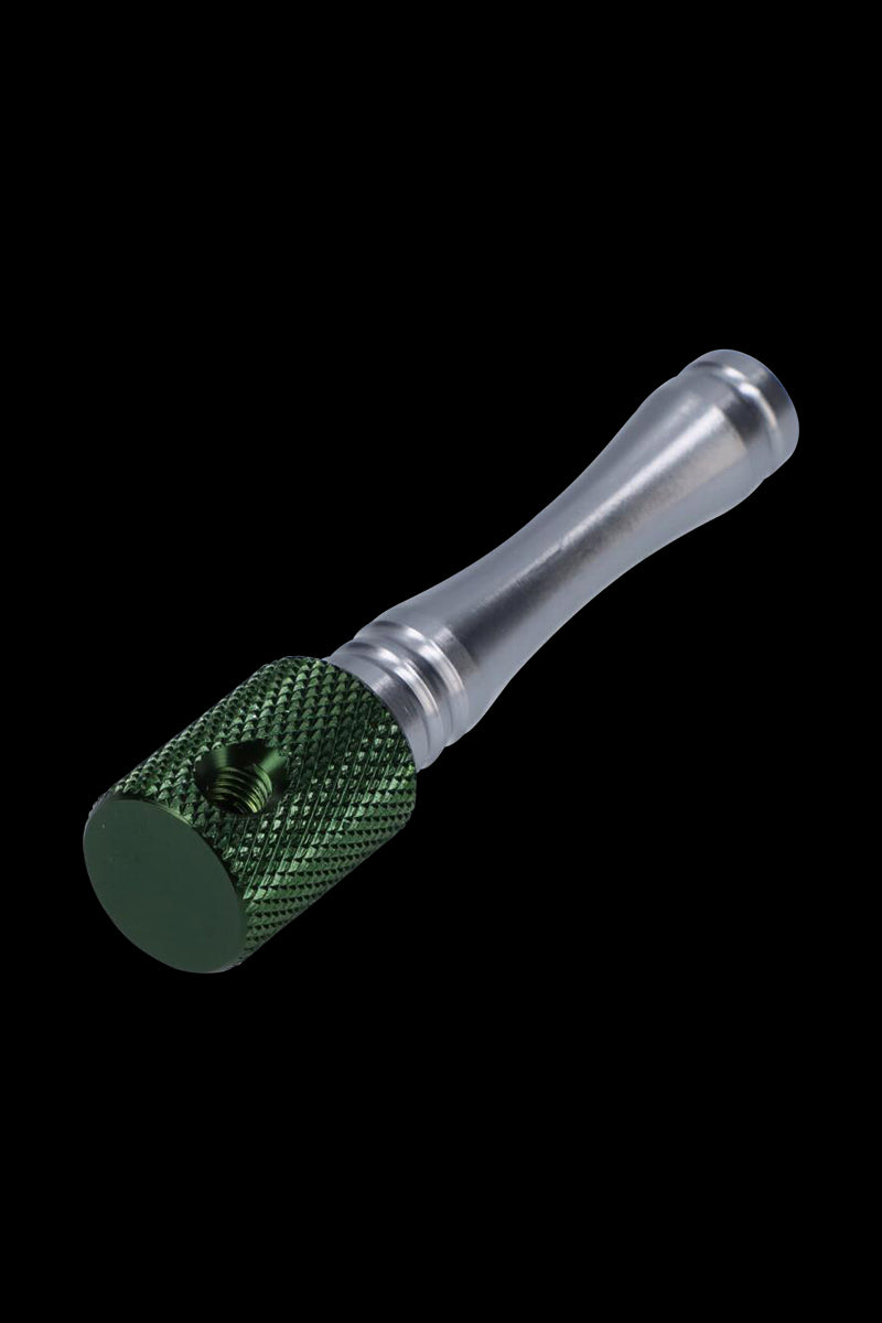 A close-up, angled view of the Metal Hand Pipe with Colored Finish, showcasing its textured metal body and vibrant green finish.