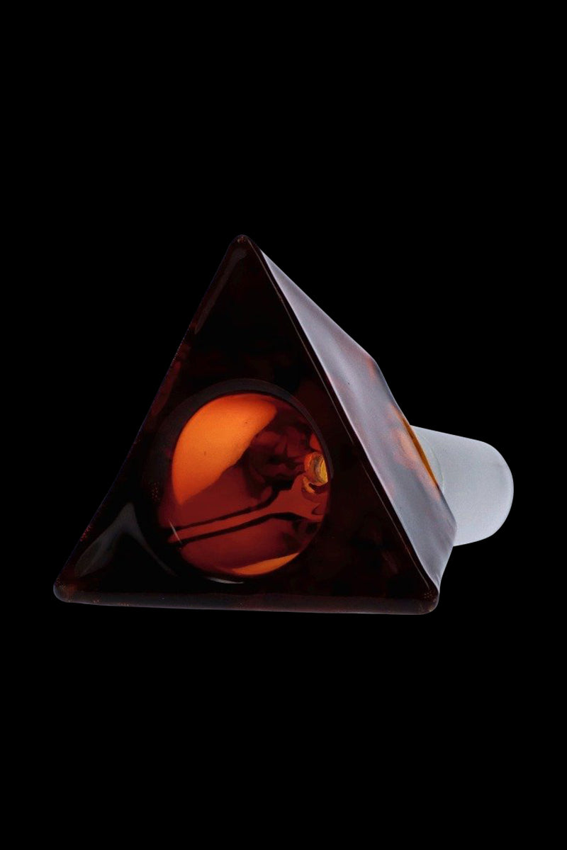 Close-up angled view of the red Triangle Glass Bowl - Male Joint showing its triangular face with a reflective orange inner chamber against a black background