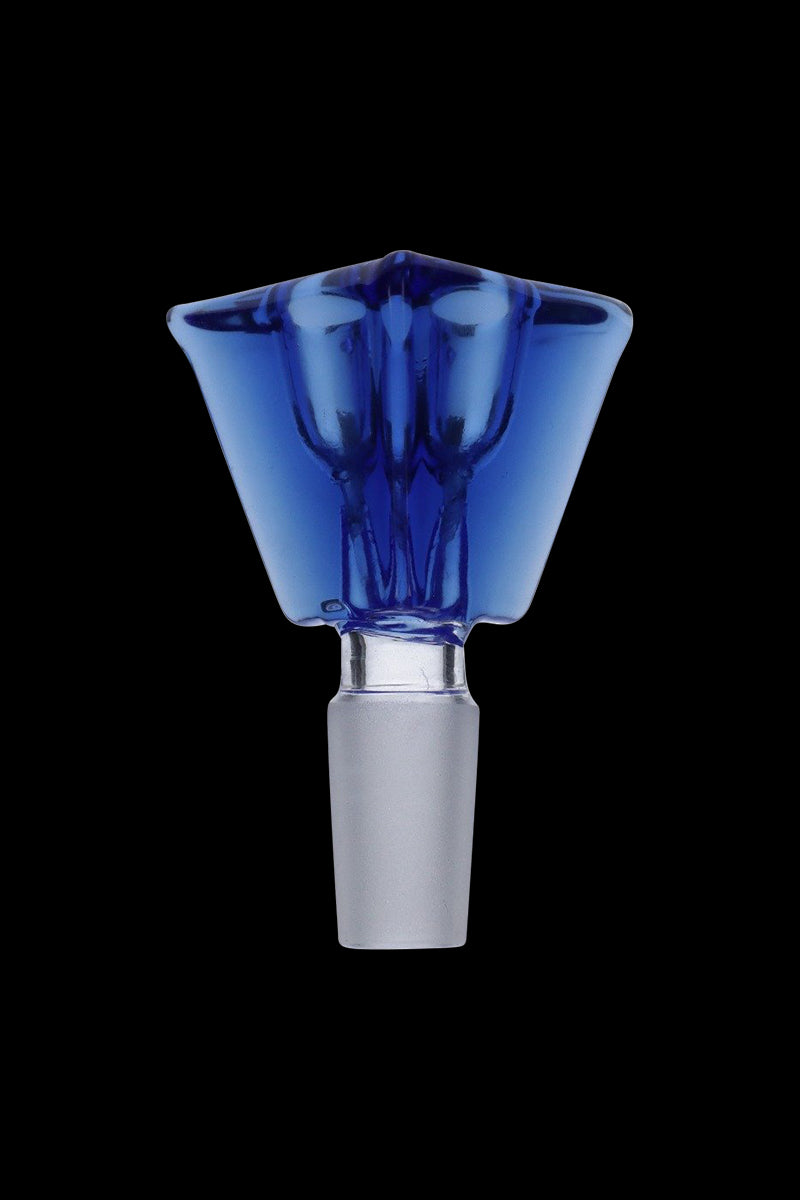 Centered front view of the Triangle Glass Bowl - Male Joint in translucent blue glass against a black background.